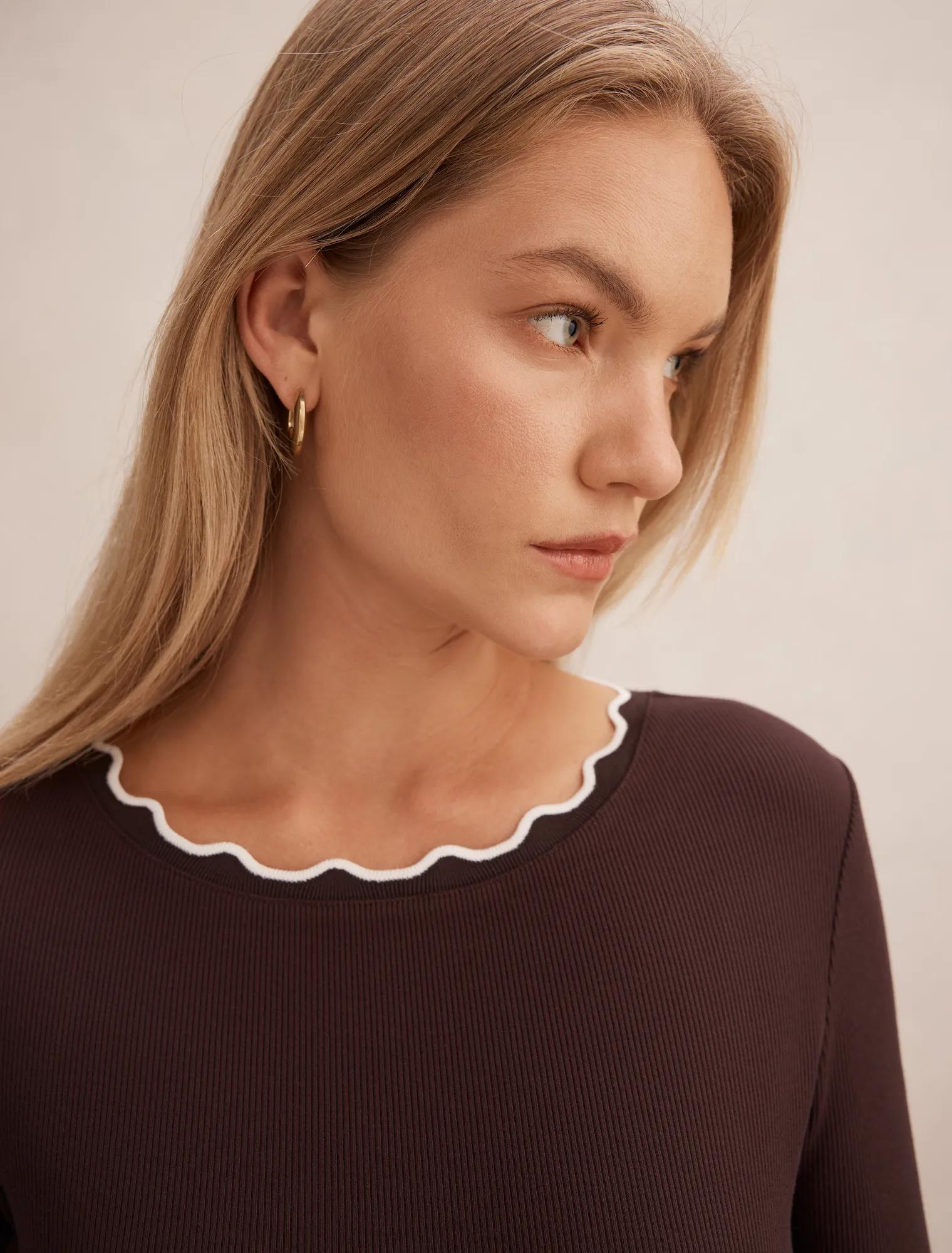 Rebecca Scallop Long Sleeve Top Chocolate/ Porcelain