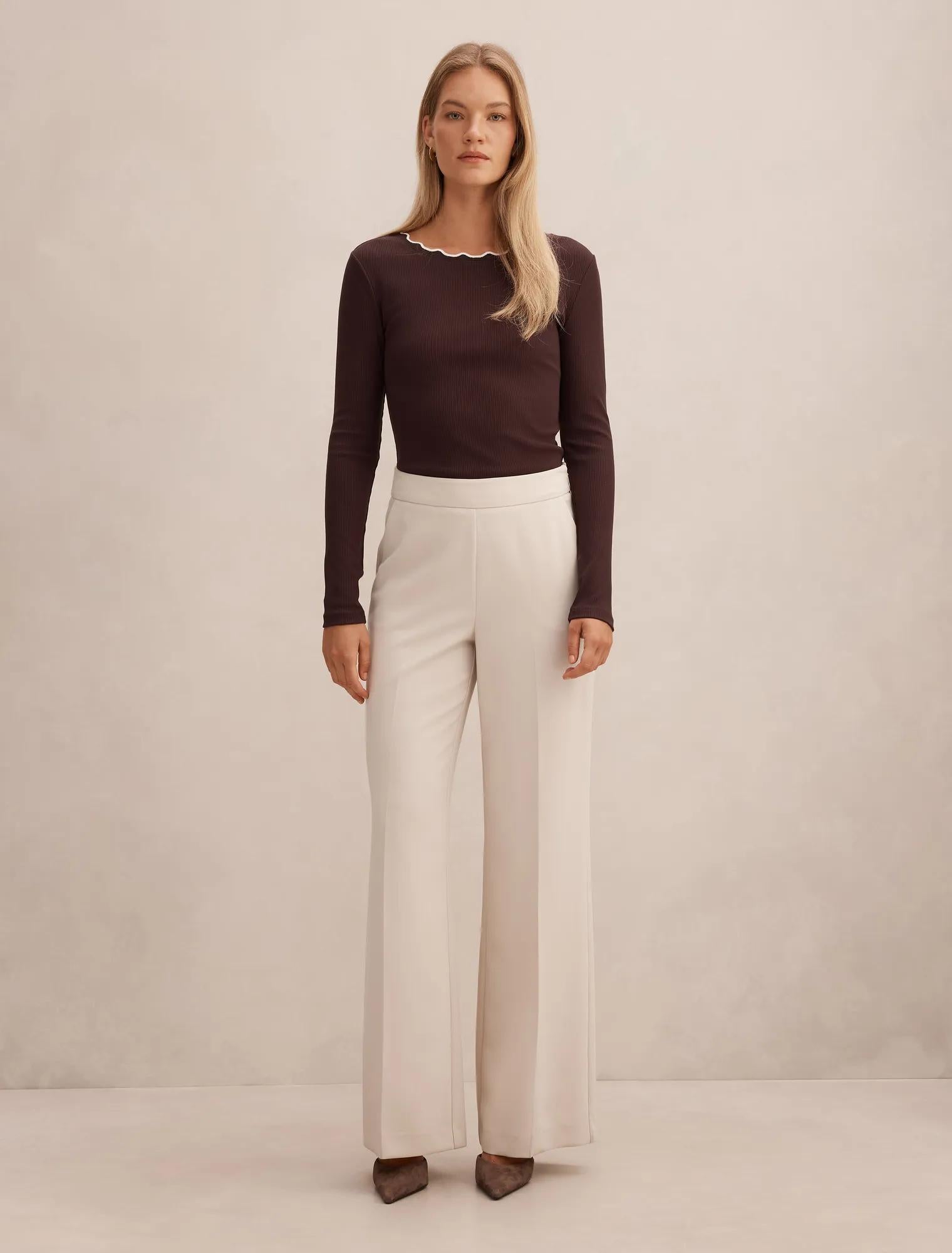 Rebecca Scallop Long Sleeve Top Chocolate/ Porcelain