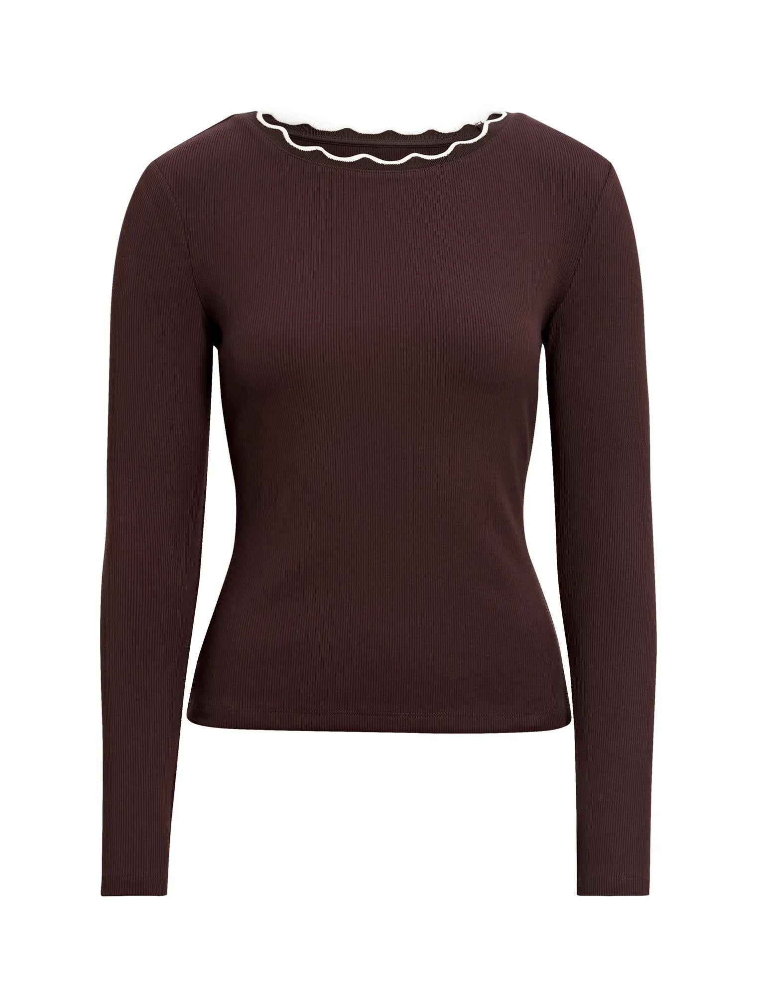 Rebecca Scallop Long Sleeve Top Chocolate/ Porcelain_mannequin