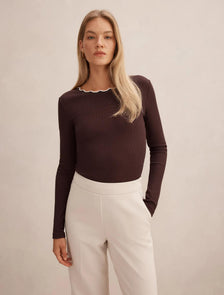 Rebecca Scallop Long Sleeve Top Chocolate/ Porcelain