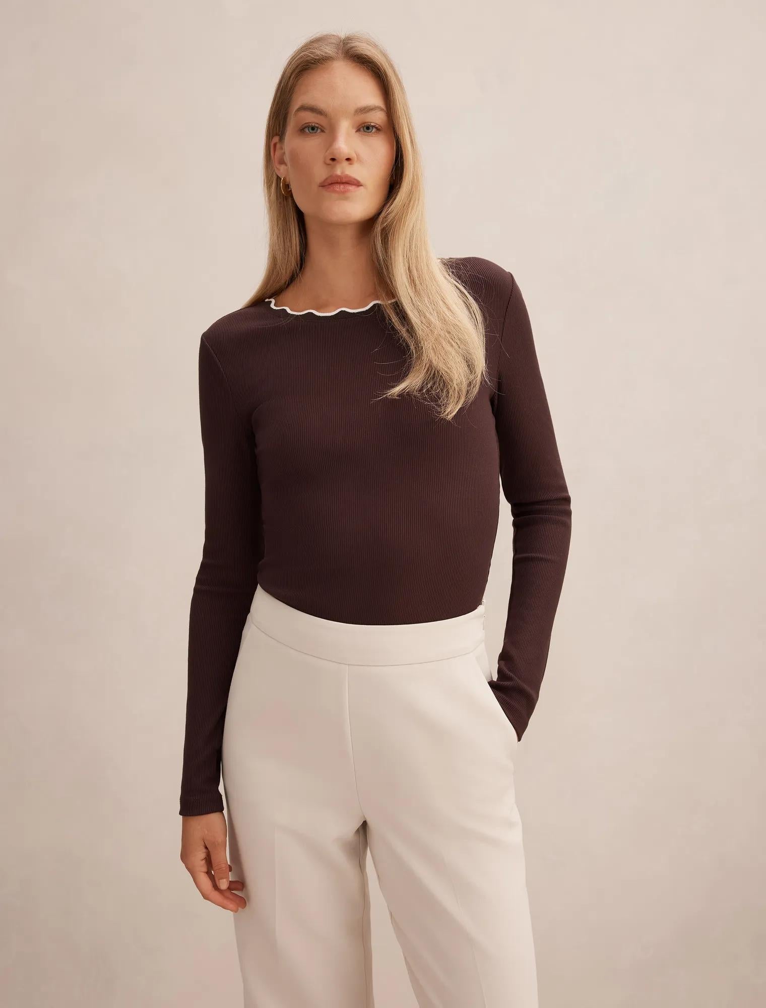 Rebecca Scallop Long Sleeve Top Chocolate/ Porcelain