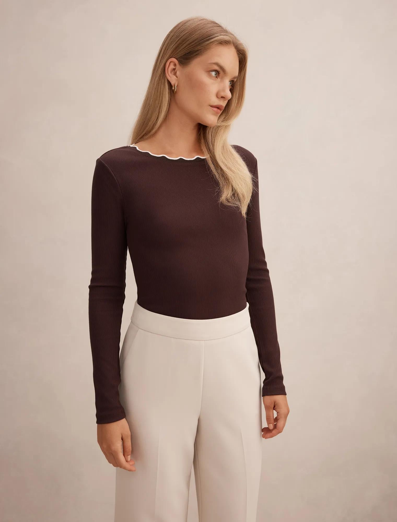Rebecca Scallop Long Sleeve Top Chocolate/ Porcelain