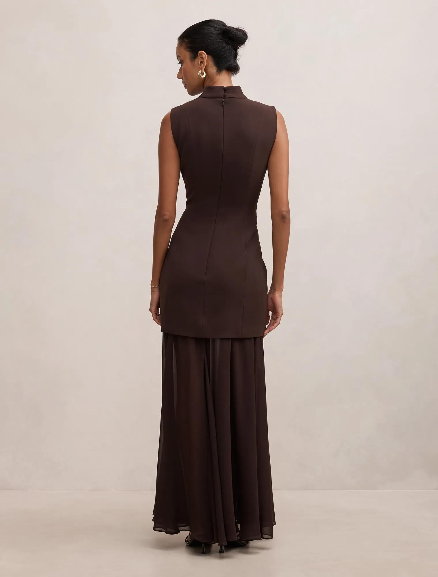 Pearl Petite High Neck Underlay Dress Dark Chocolate
