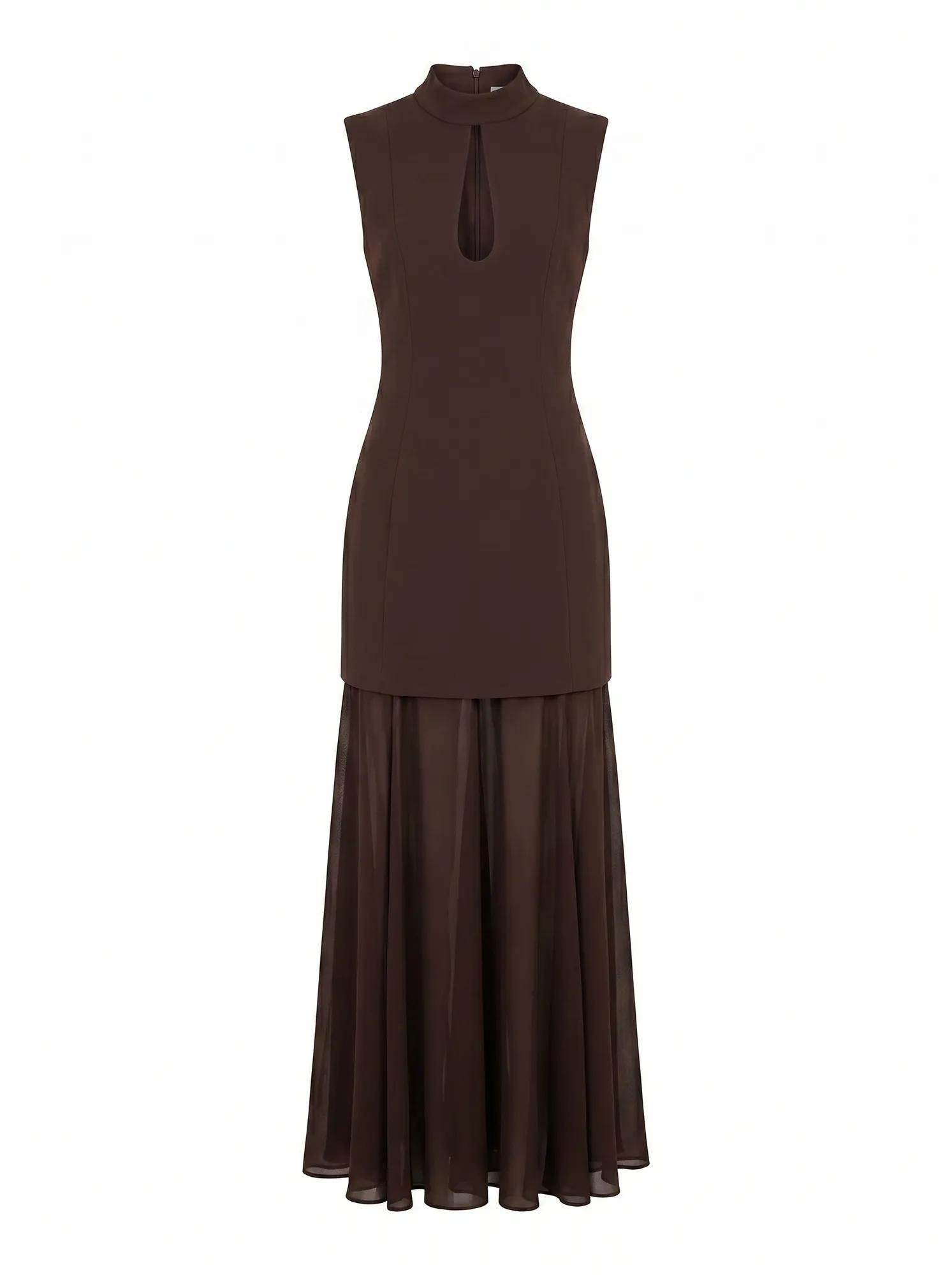 Pearl Petite High Neck Underlay Dress Dark Chocolate
