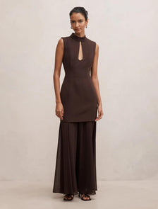 Pearl Petite High Neck Underlay Dress Dark Chocolate