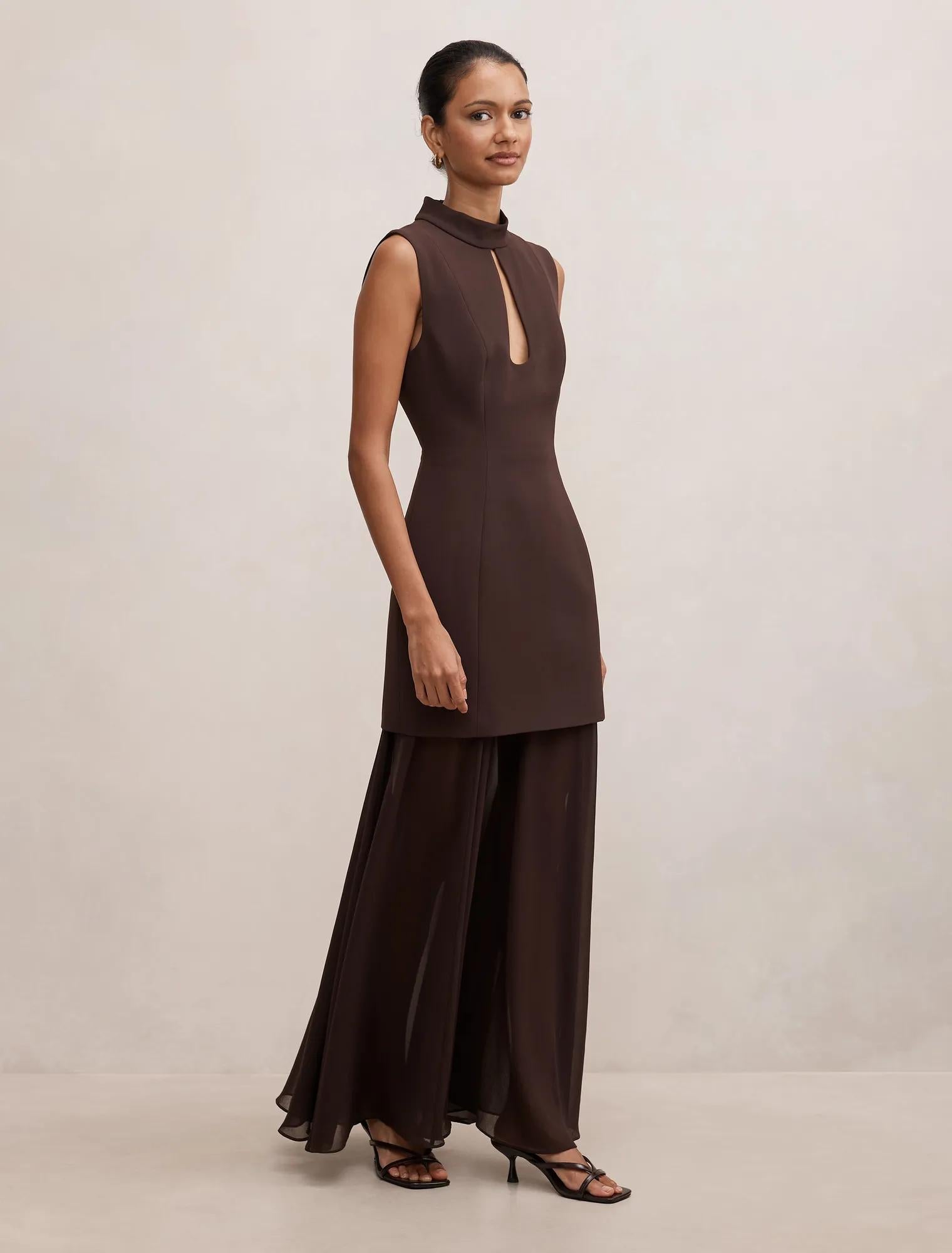 Pearl Petite High Neck Underlay Dress Dark Chocolate