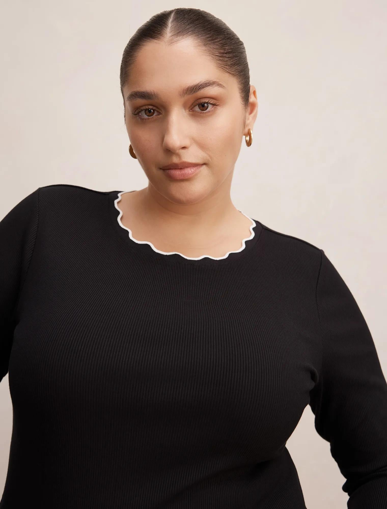 Rebecca Curve Scallop Long Sleeve Black/ Porcelain