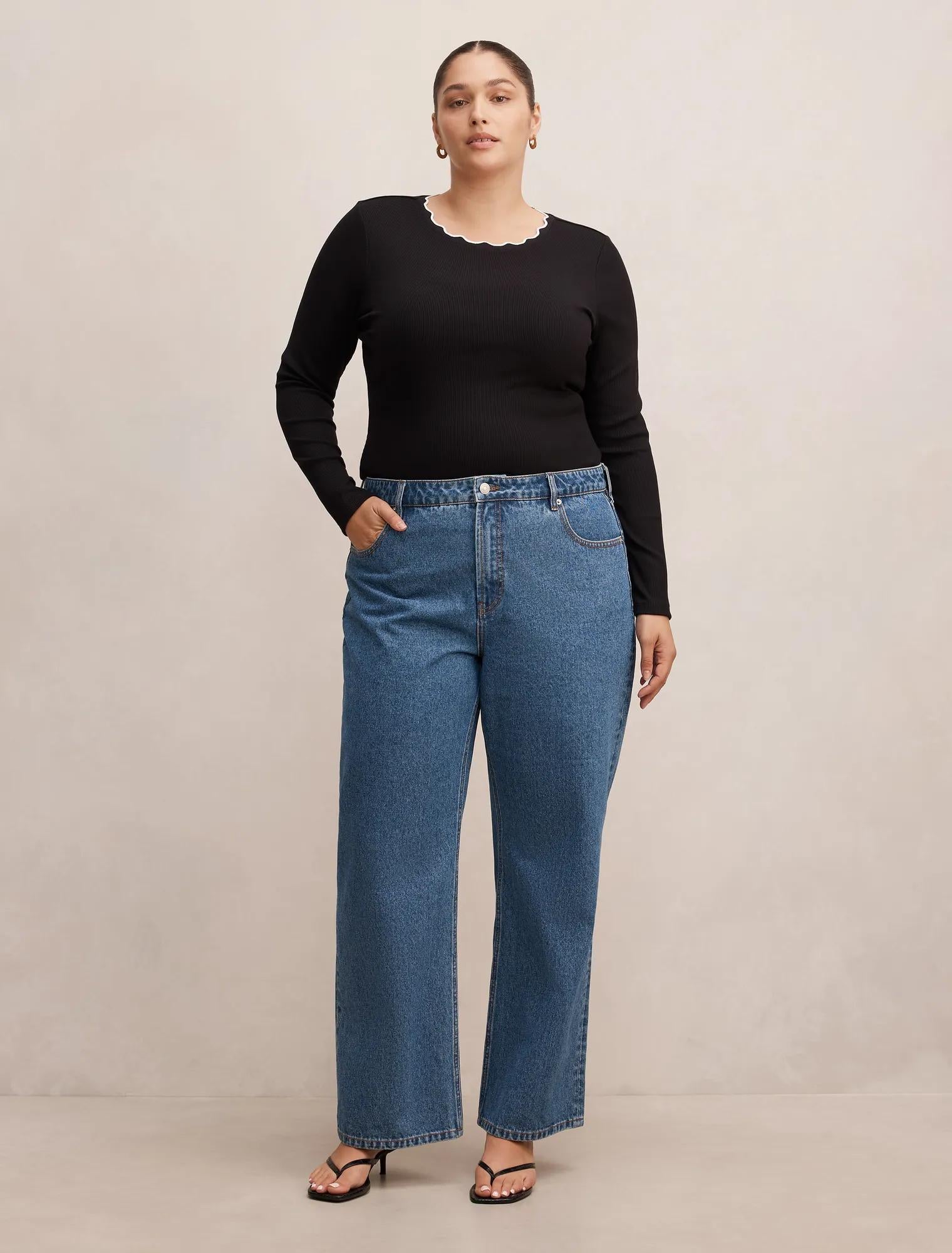 Rebecca Curve Scallop Long Sleeve Black/ Porcelain