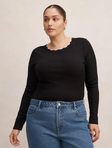 Rebecca Curve Scallop Long Sleeve Black/ Porcelain