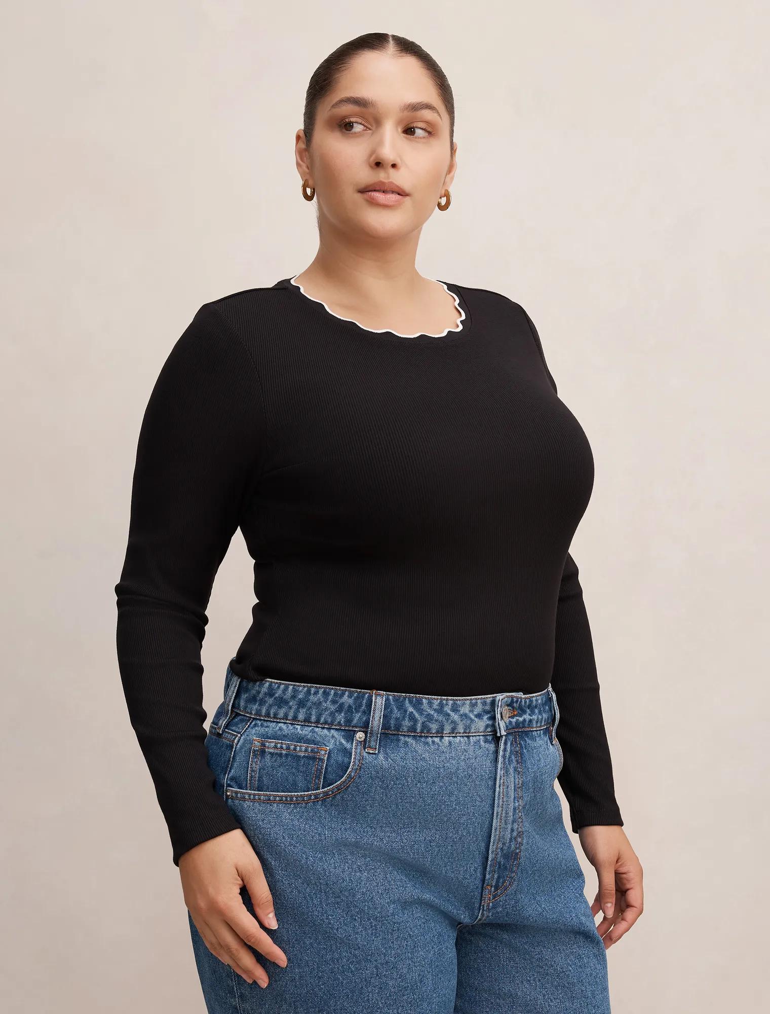 Rebecca Curve Scallop Long Sleeve Black/ Porcelain