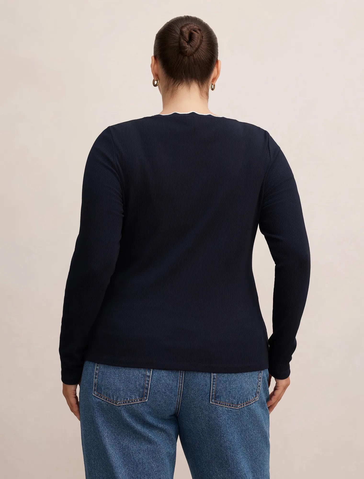 Rebecca Curve Scallop Long Sleeve Top Navy/ Porcelain