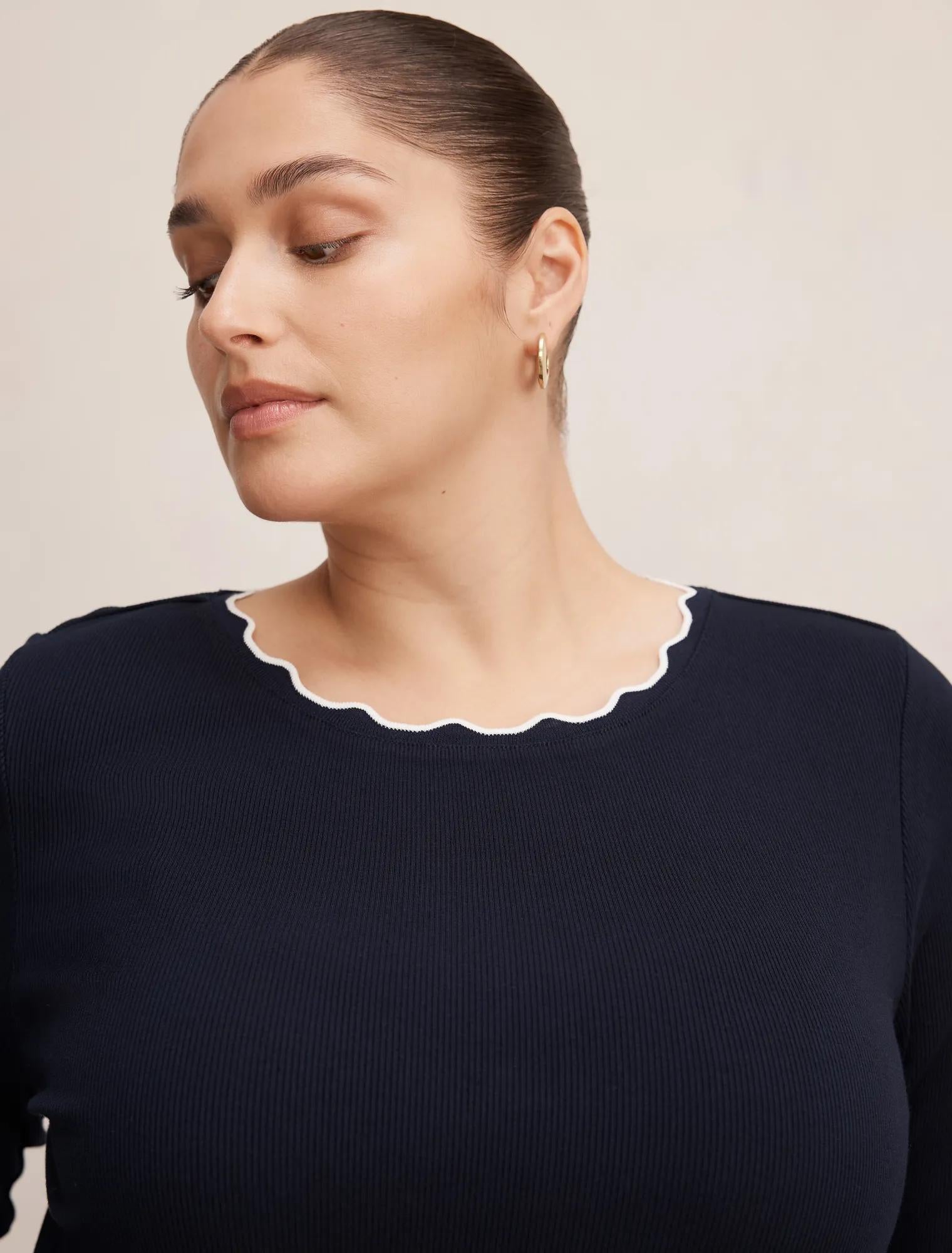 Rebecca Curve Scallop Long Sleeve Top Navy/ Porcelain