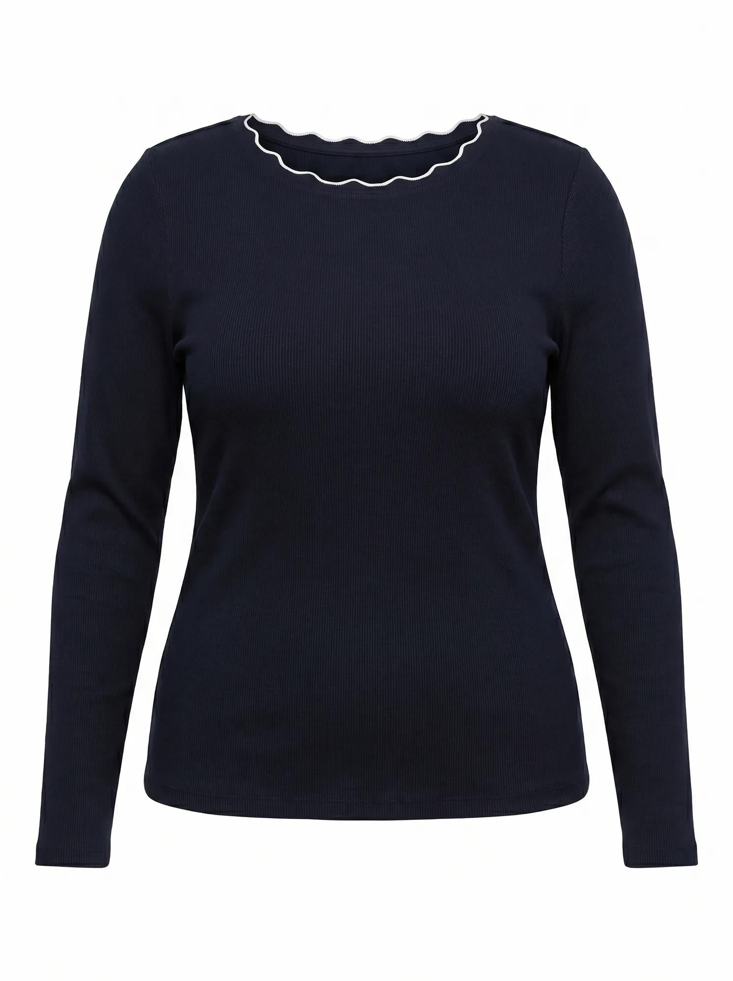 Rebecca Curve Scallop Long Sleeve Top Navy/ Porcelain_mannequin