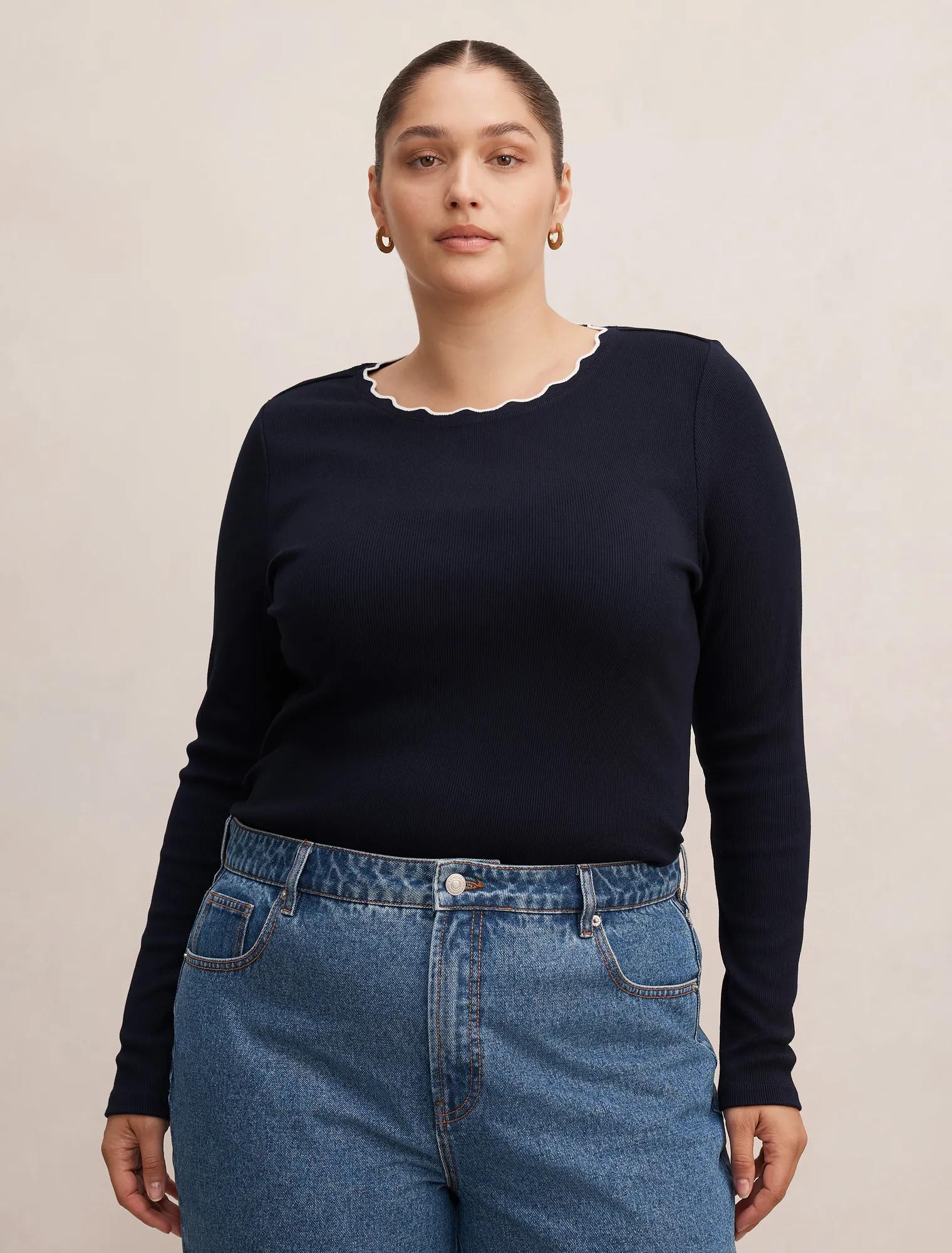 Rebecca Curve Scallop Long Sleeve Top Navy/ Porcelain