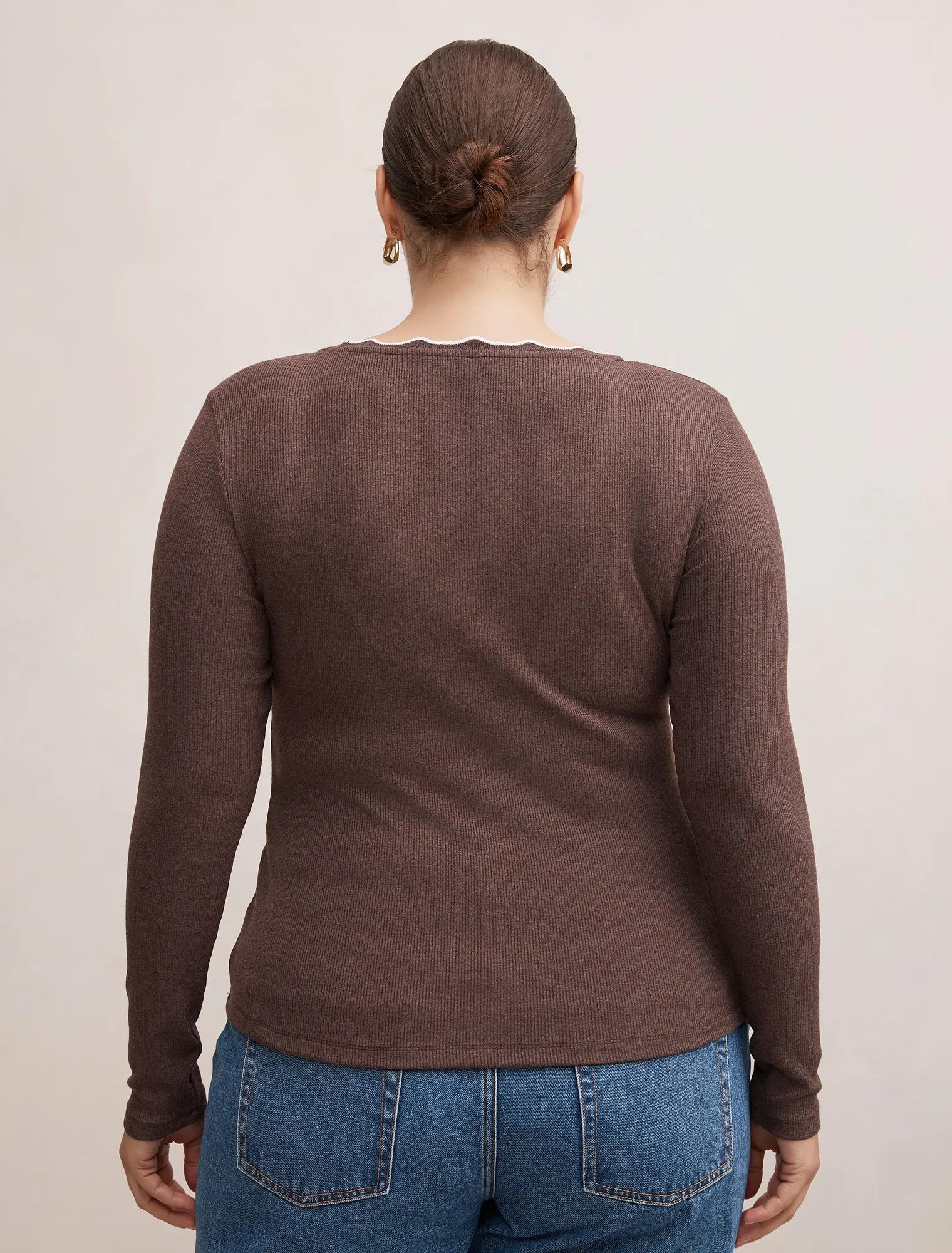 Rebecca Curve Scallop Long Sleeve Top Cocoa Marle/ Porcelain