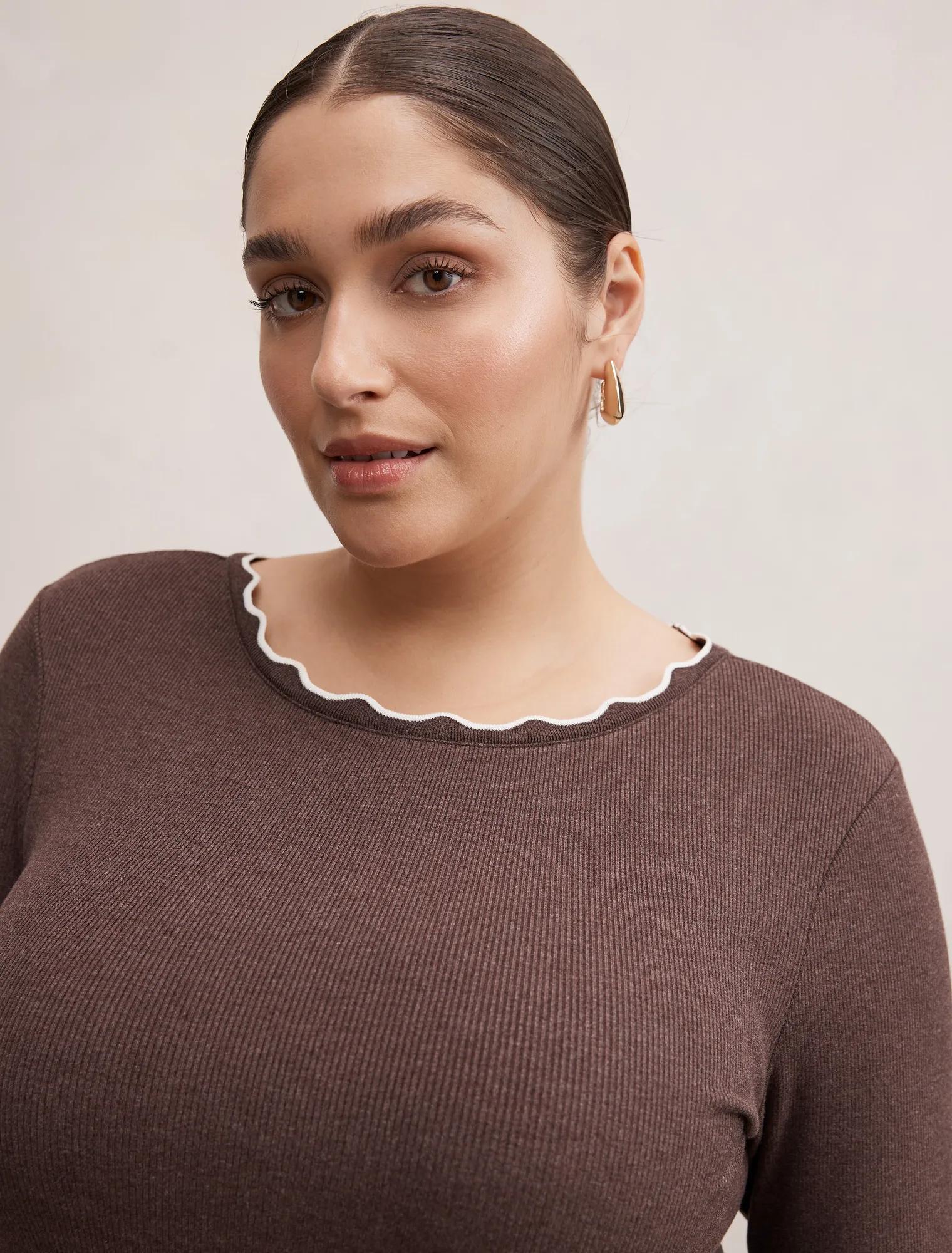 Rebecca Curve Scallop Long Sleeve Top Cocoa Marle/ Porcelain