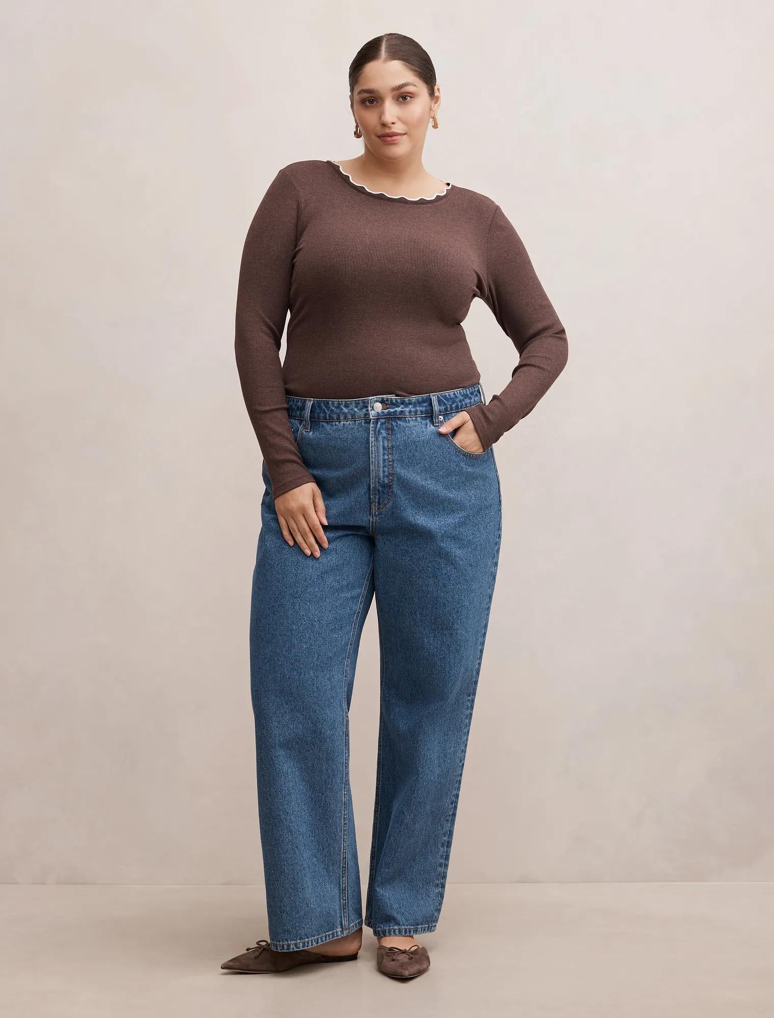 Rebecca Curve Scallop Long Sleeve Top Cocoa Marle/ Porcelain