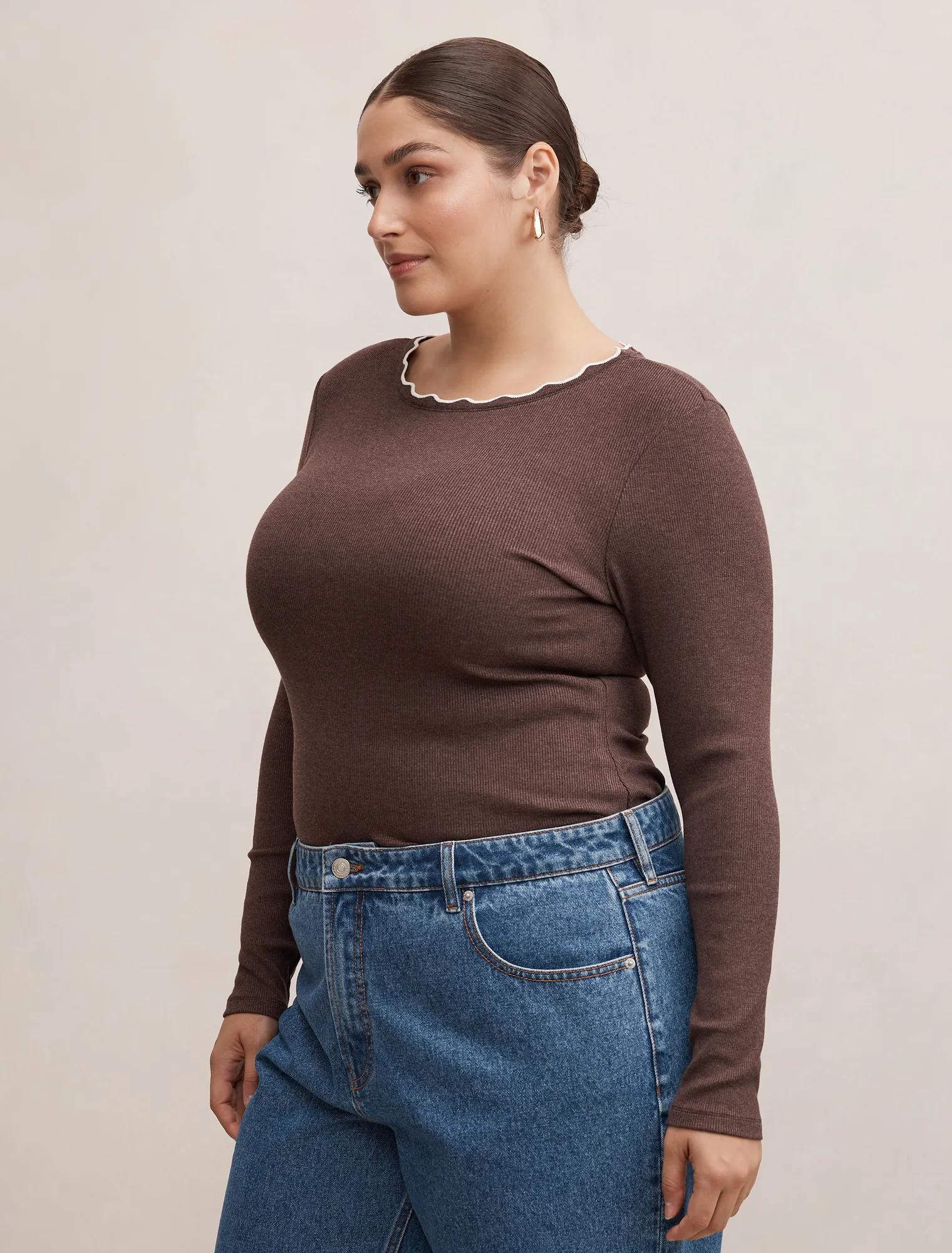 Rebecca Curve Scallop Long Sleeve Top Cocoa Marle/ Porcelain