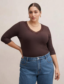 Selena Curve Trim Lace Top Chocolate
