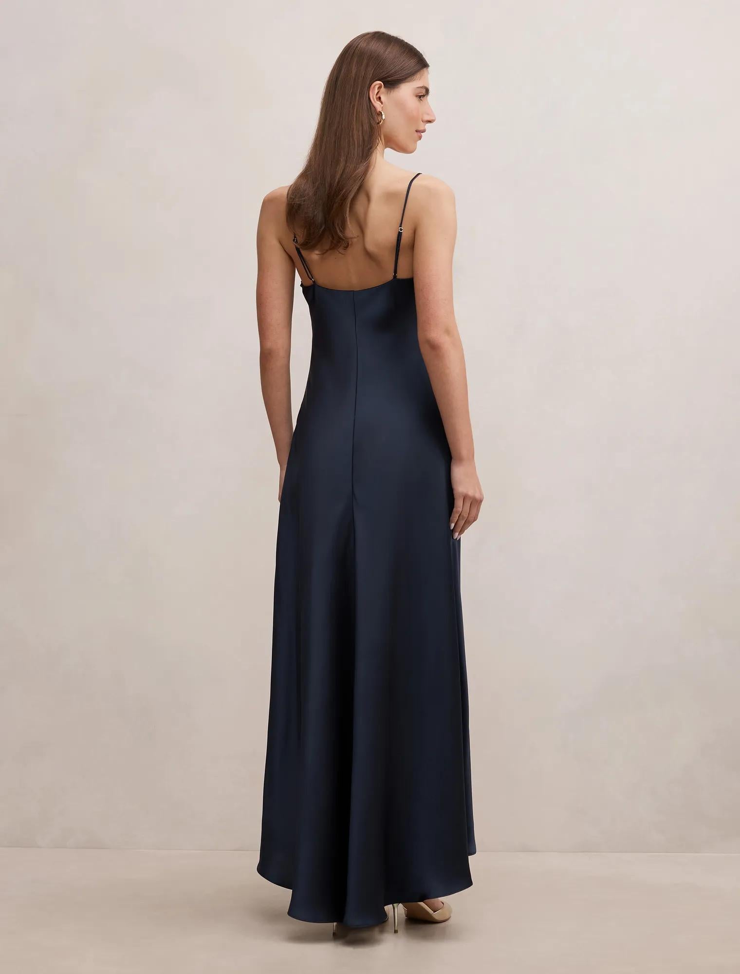 Tilesha Satin Cowl Slip Maxi Dress Navy
