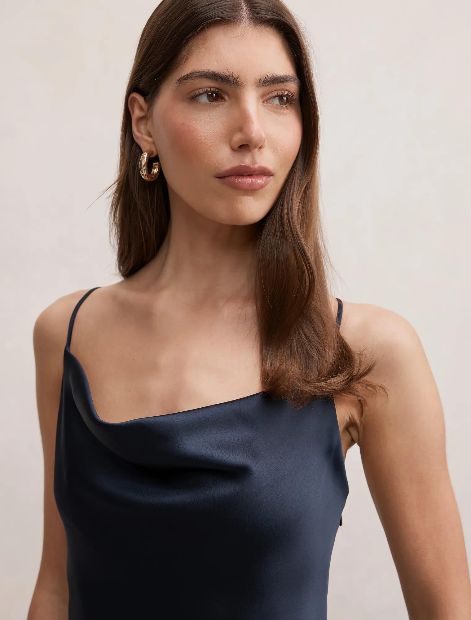 Tilesha Satin Cowl Slip Maxi Dress Navy