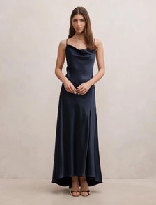 Tilesha Satin Cowl Slip Maxi Dress Navy