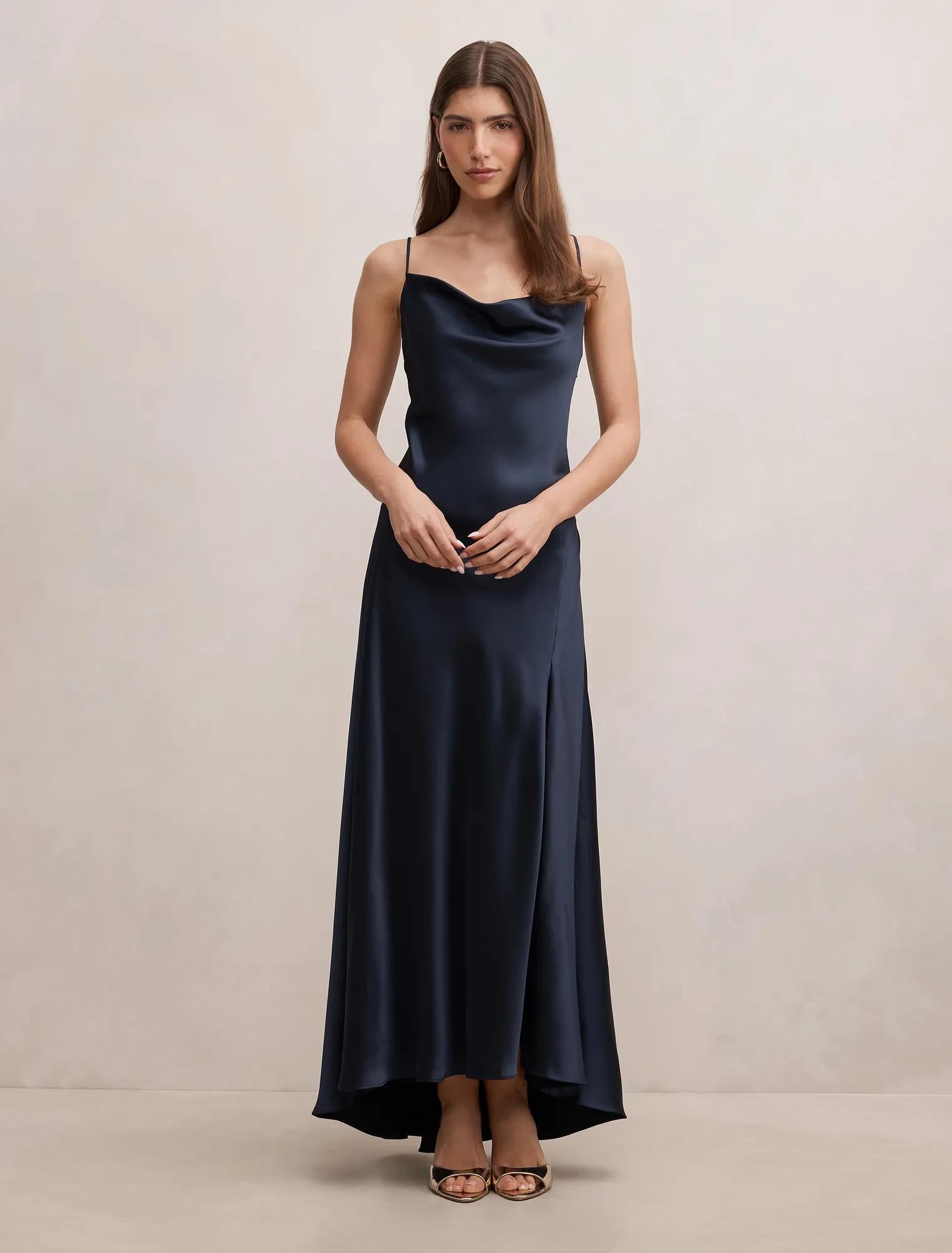 Tilesha Satin Cowl Slip Maxi Dress Navy