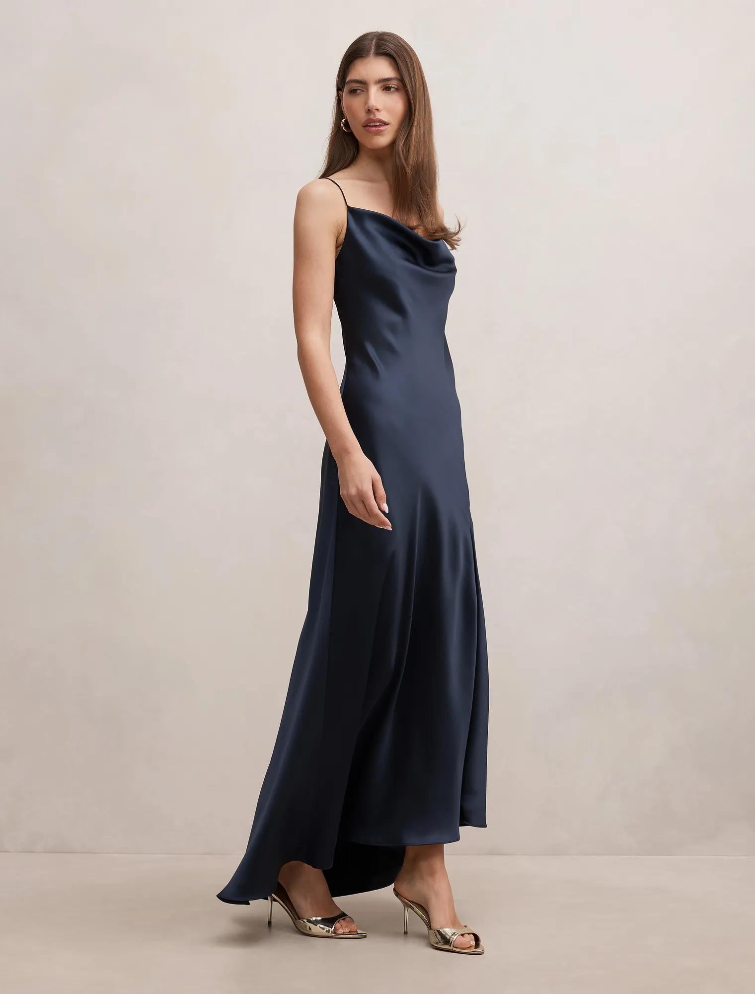 Tilesha Satin Cowl Slip Maxi Dress Navy