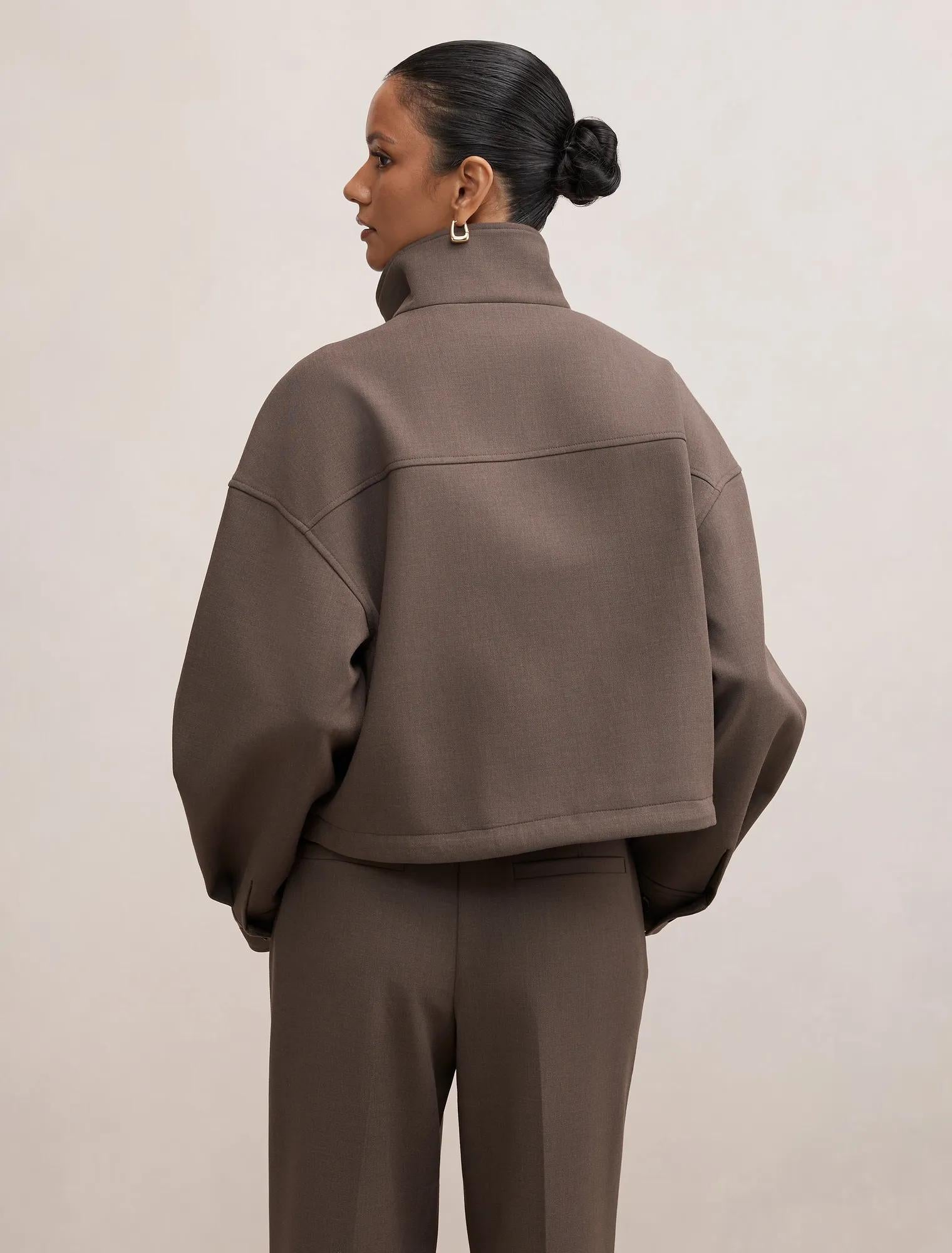 Maya Petite Funnel Neck Cropped Jacket Dark Mushroom Set