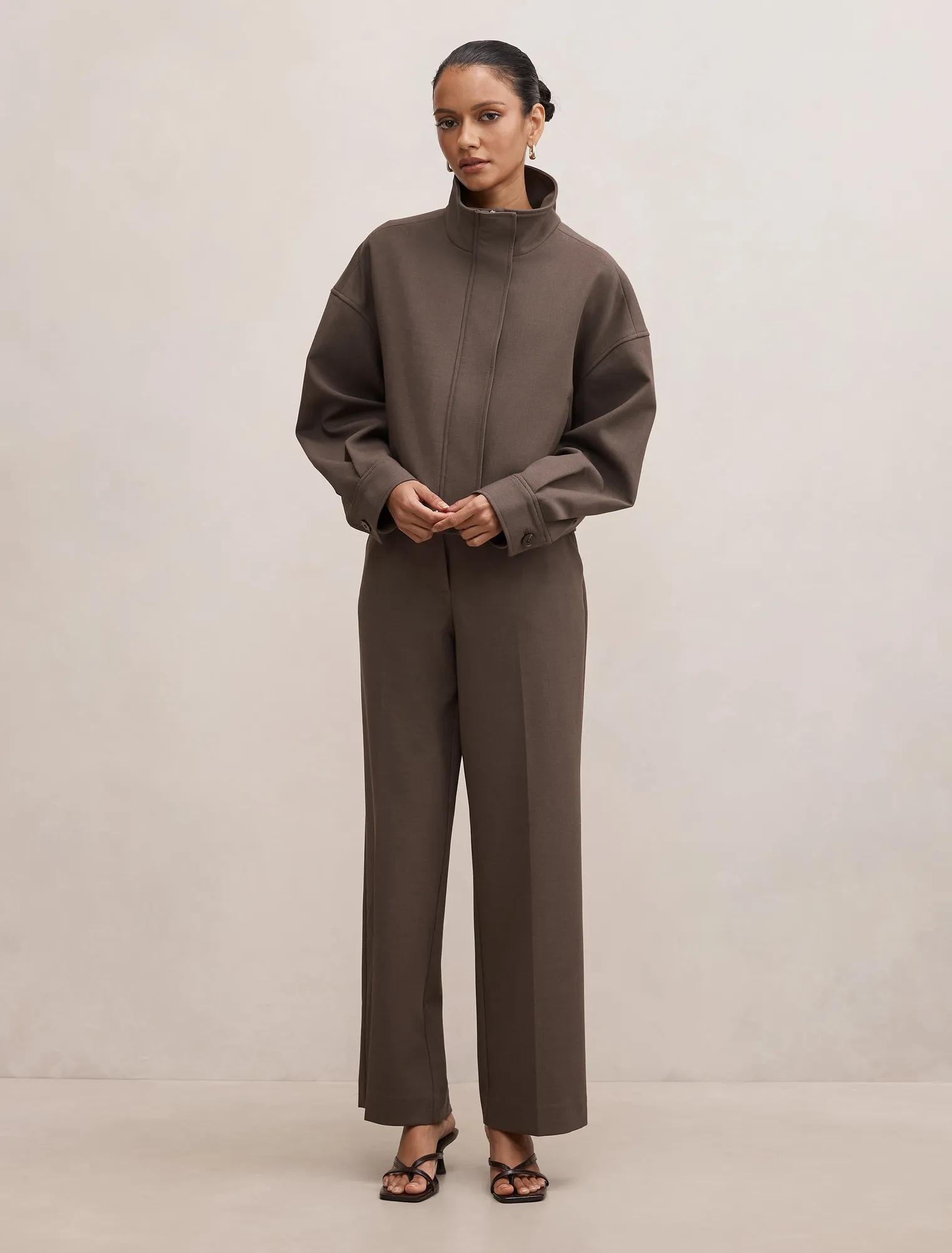 Maya Petite Funnel Neck Cropped Jacket Dark Mushroom Set