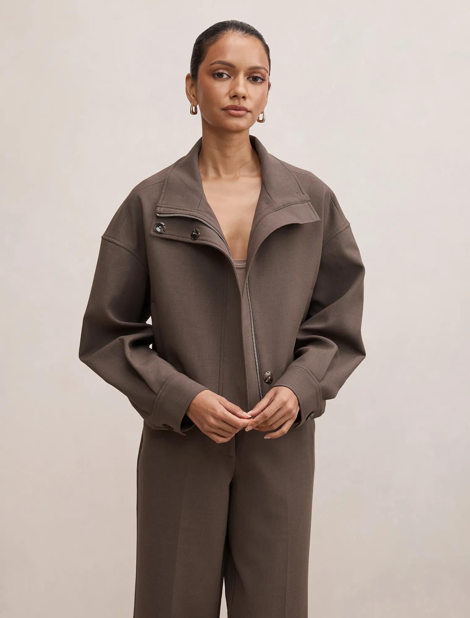Maya Petite Funnel Neck Cropped Jacket Dark Mushroom Set