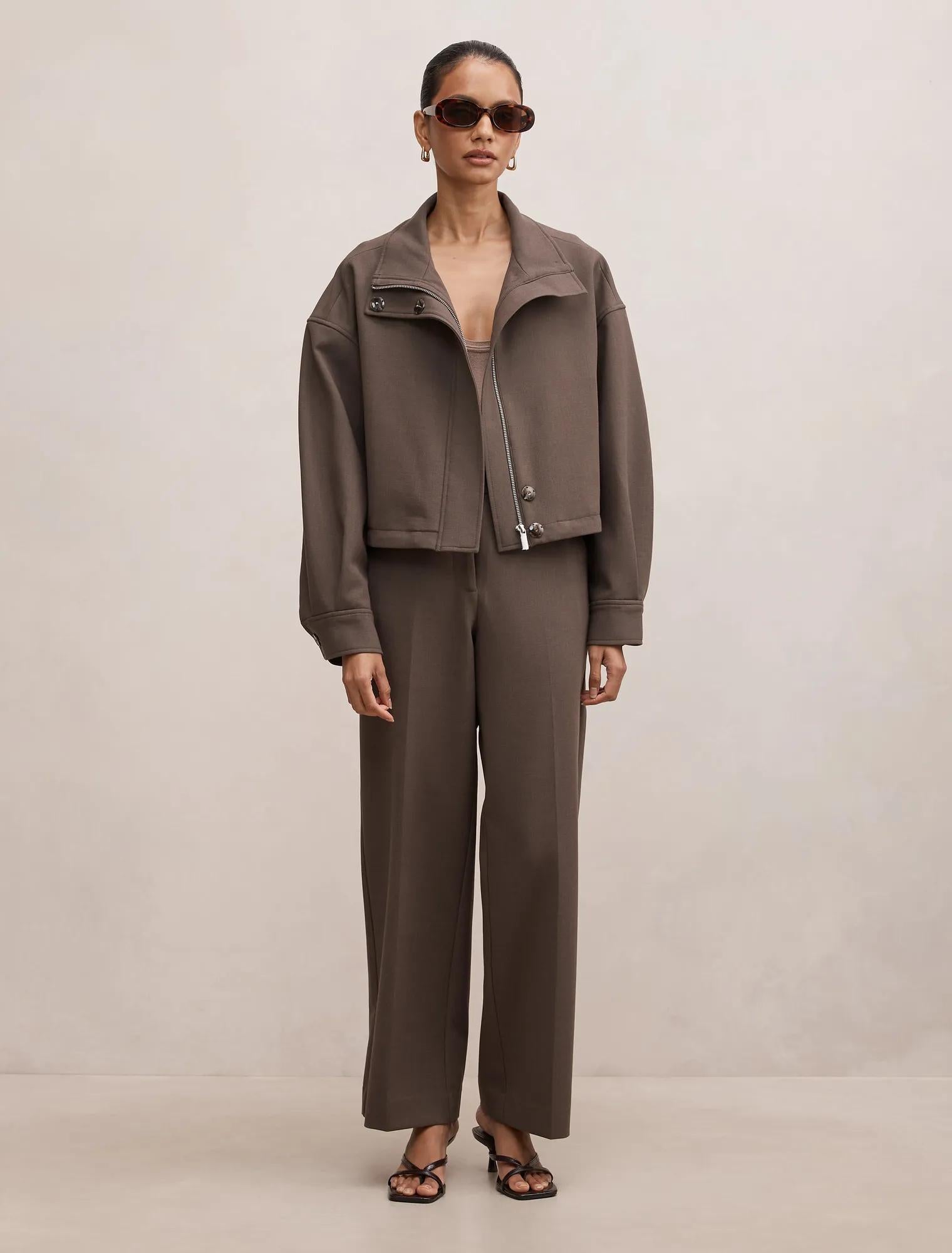 Maya Petite Funnel Neck Cropped Jacket Dark Mushroom Set
