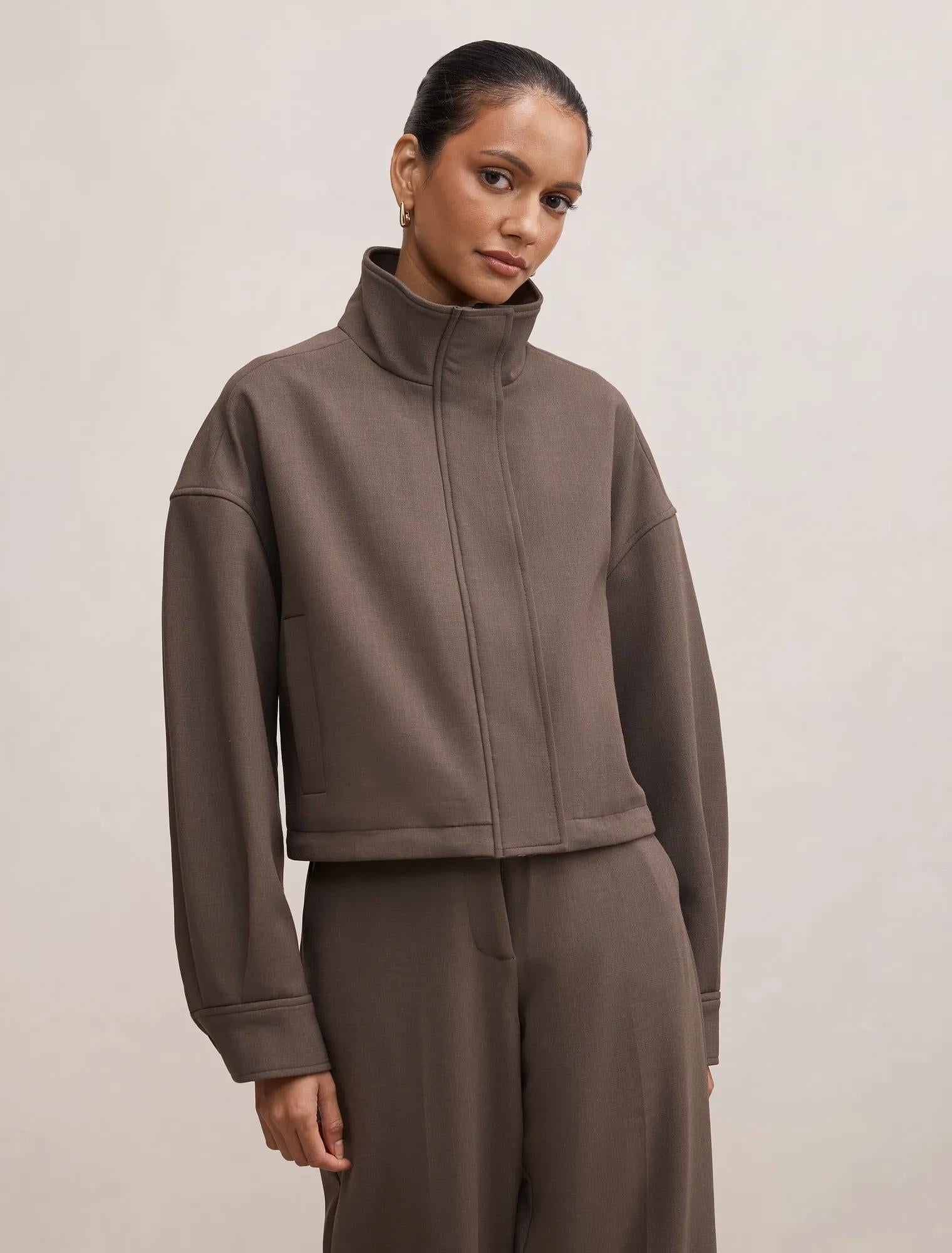 Maya Petite Funnel Neck Cropped Jacket Dark Mushroom Set