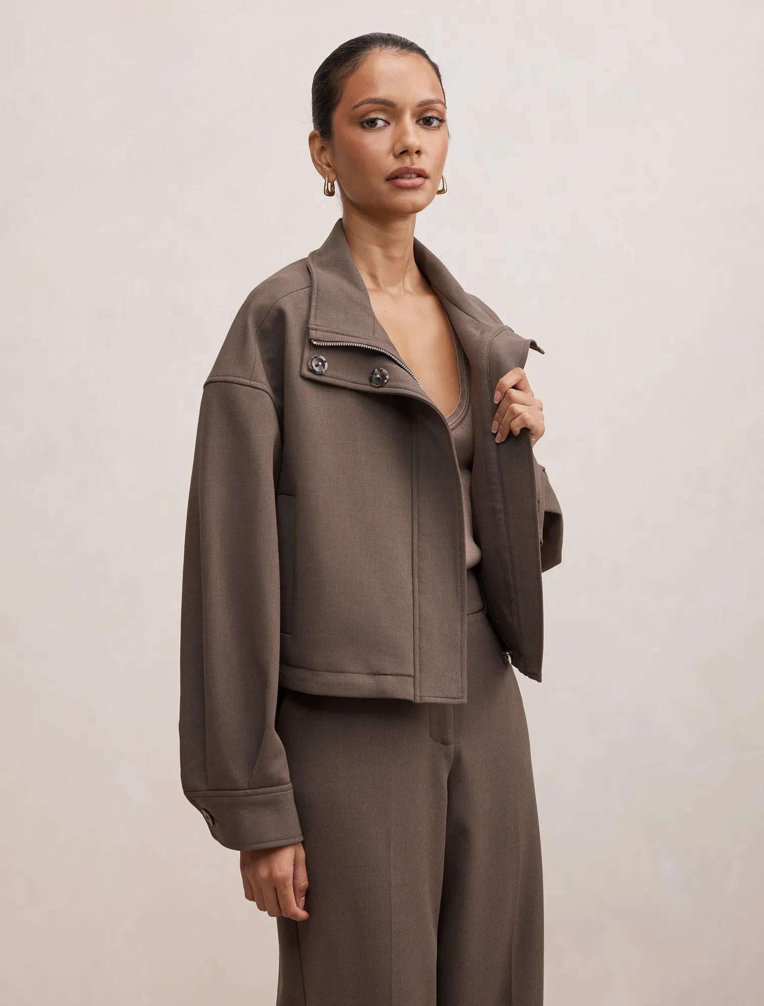 Maya Petite Funnel Neck Cropped Jacket Dark Mushroom Set