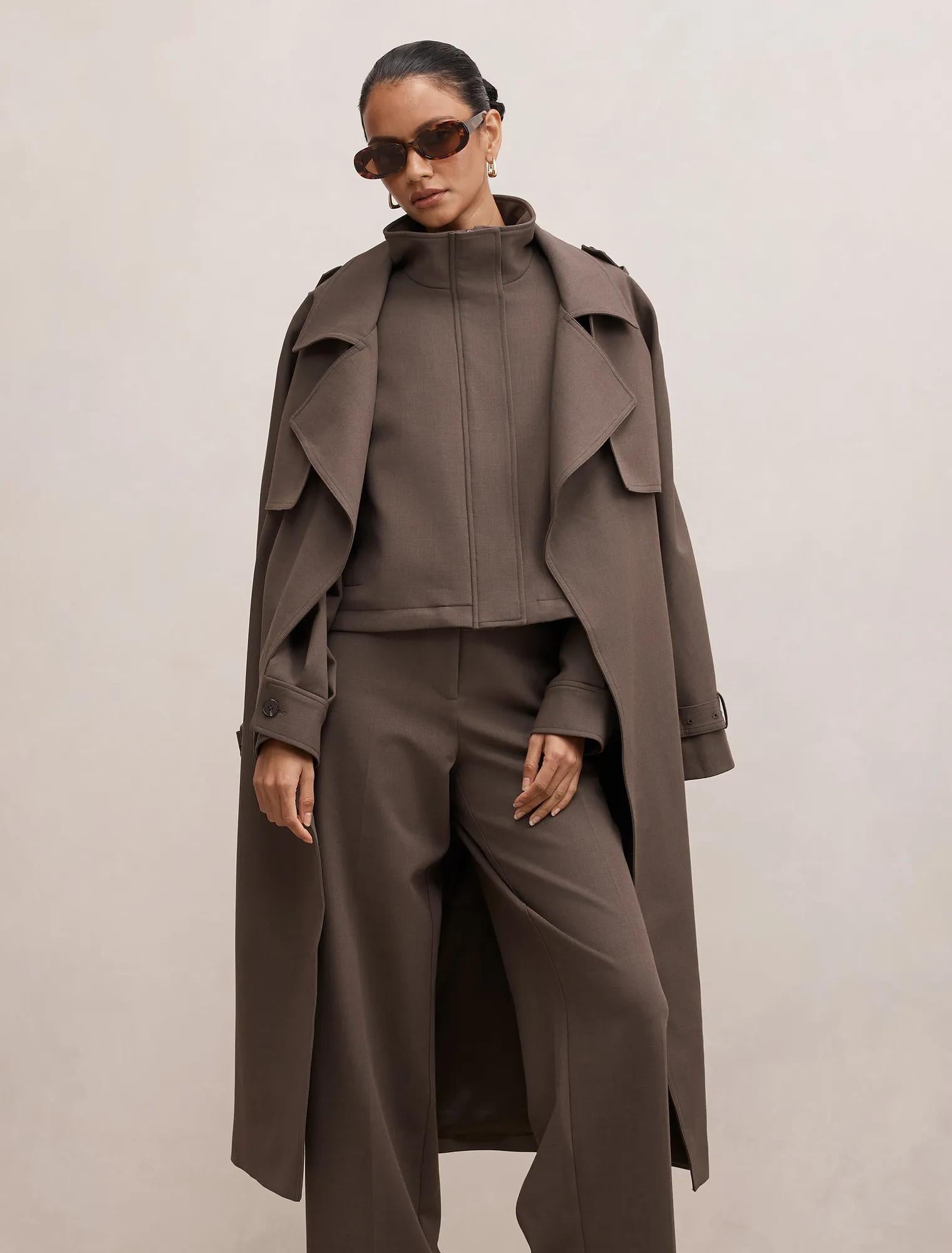 Maya Petite Trench Coat Dark Mushroom Set