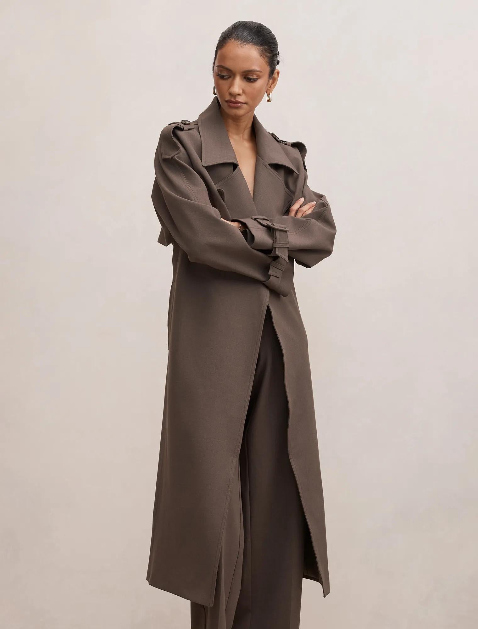 Maya Petite Trench Coat Dark Mushroom Set