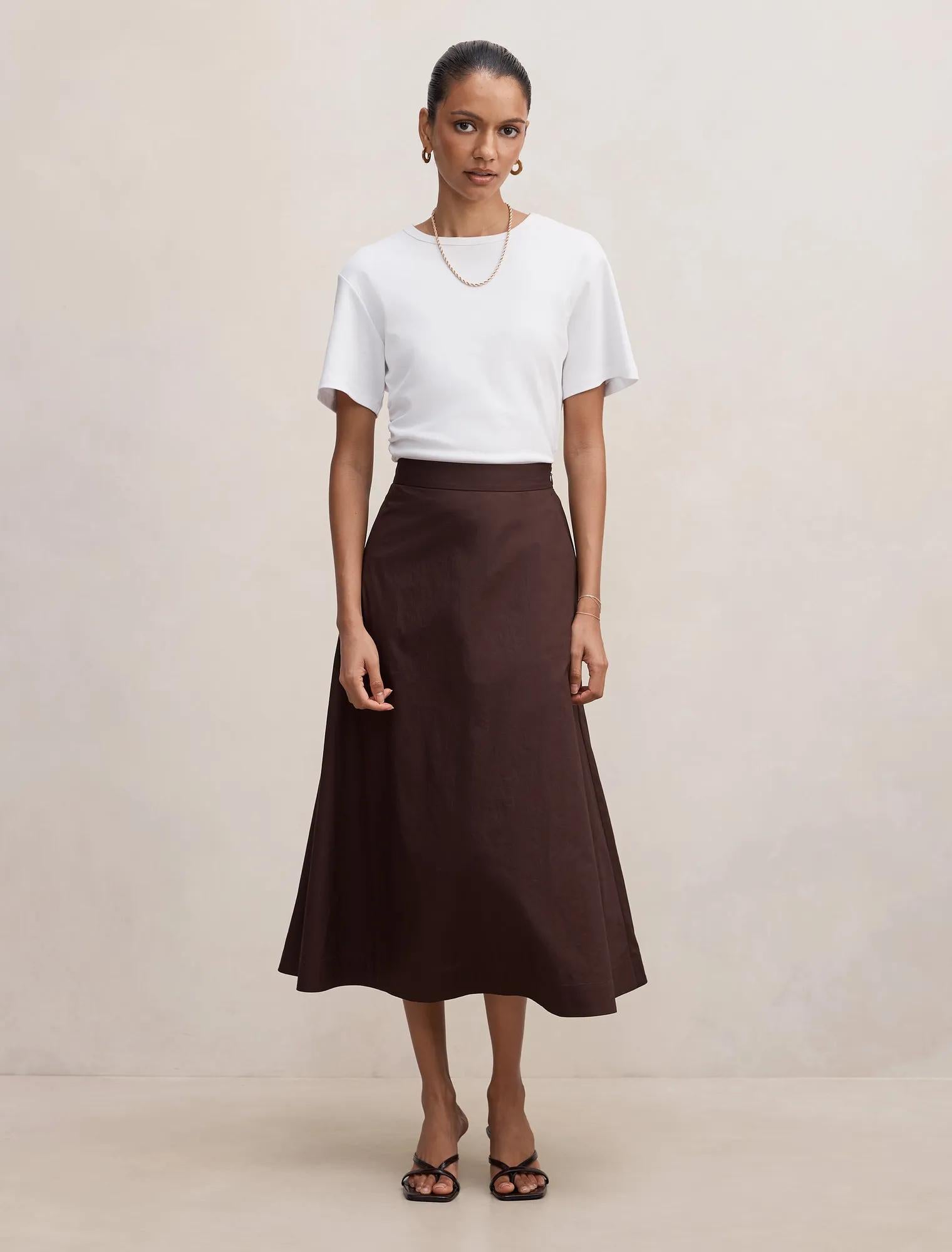 Chrissy Petite Cotton Midi Skirt Chocolate