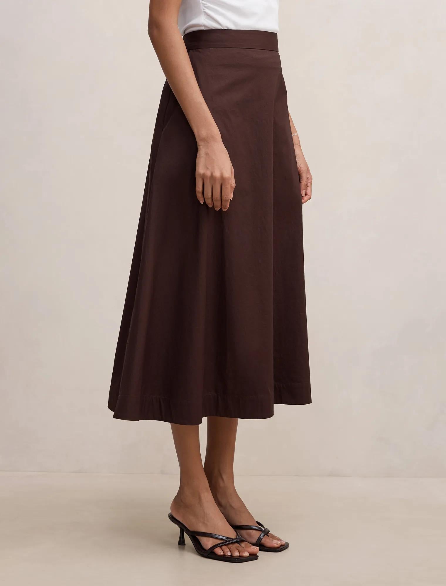 Chrissy Petite Cotton Midi Skirt Chocolate