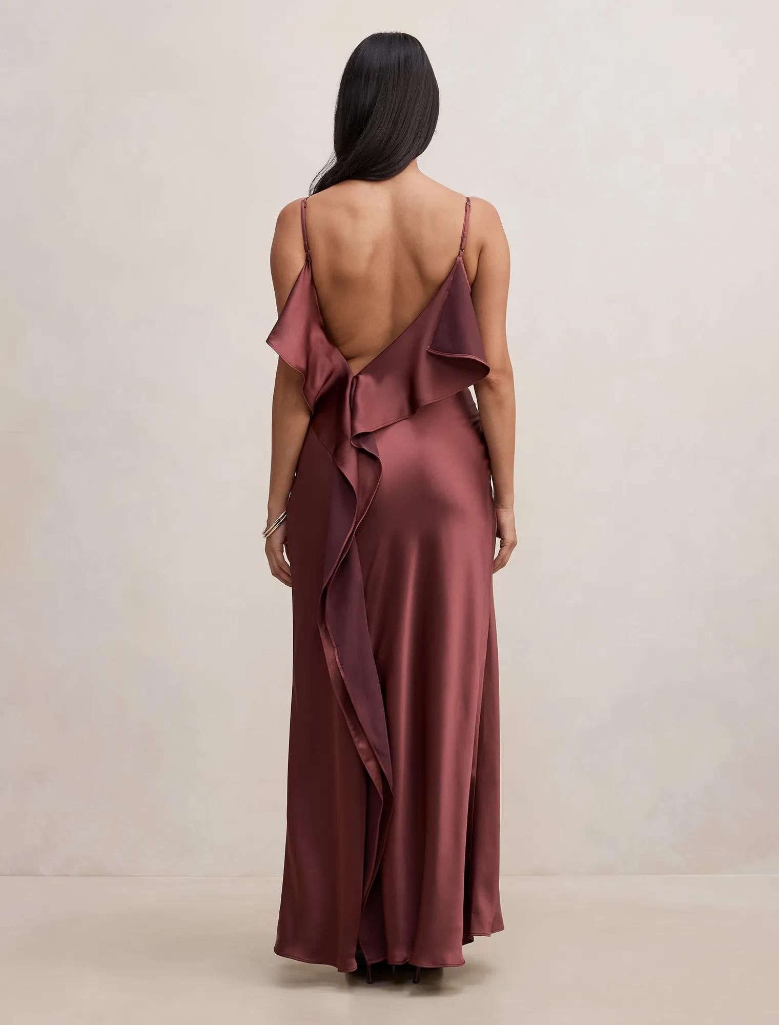 Allora Ruffle Back Satin Maxi Wild Plum
