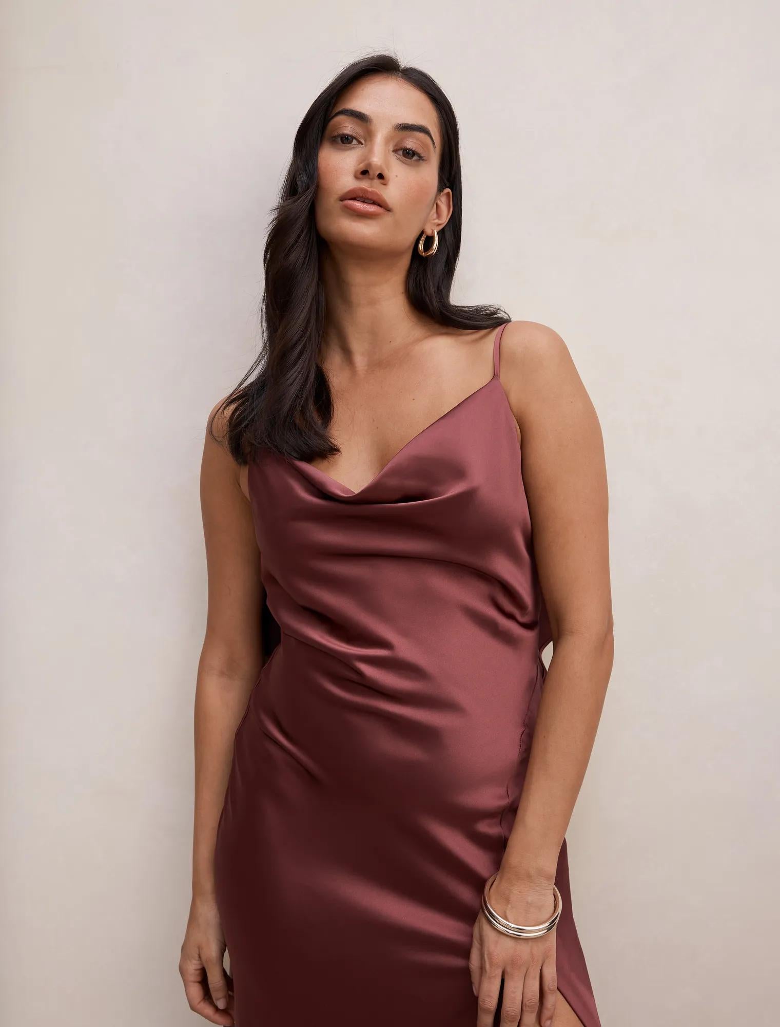 Allora Ruffle Back Satin Maxi Wild Plum