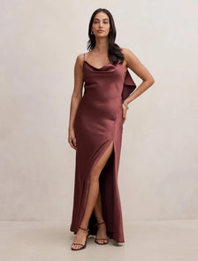 Allora Ruffle Back Satin Maxi Wild Plum