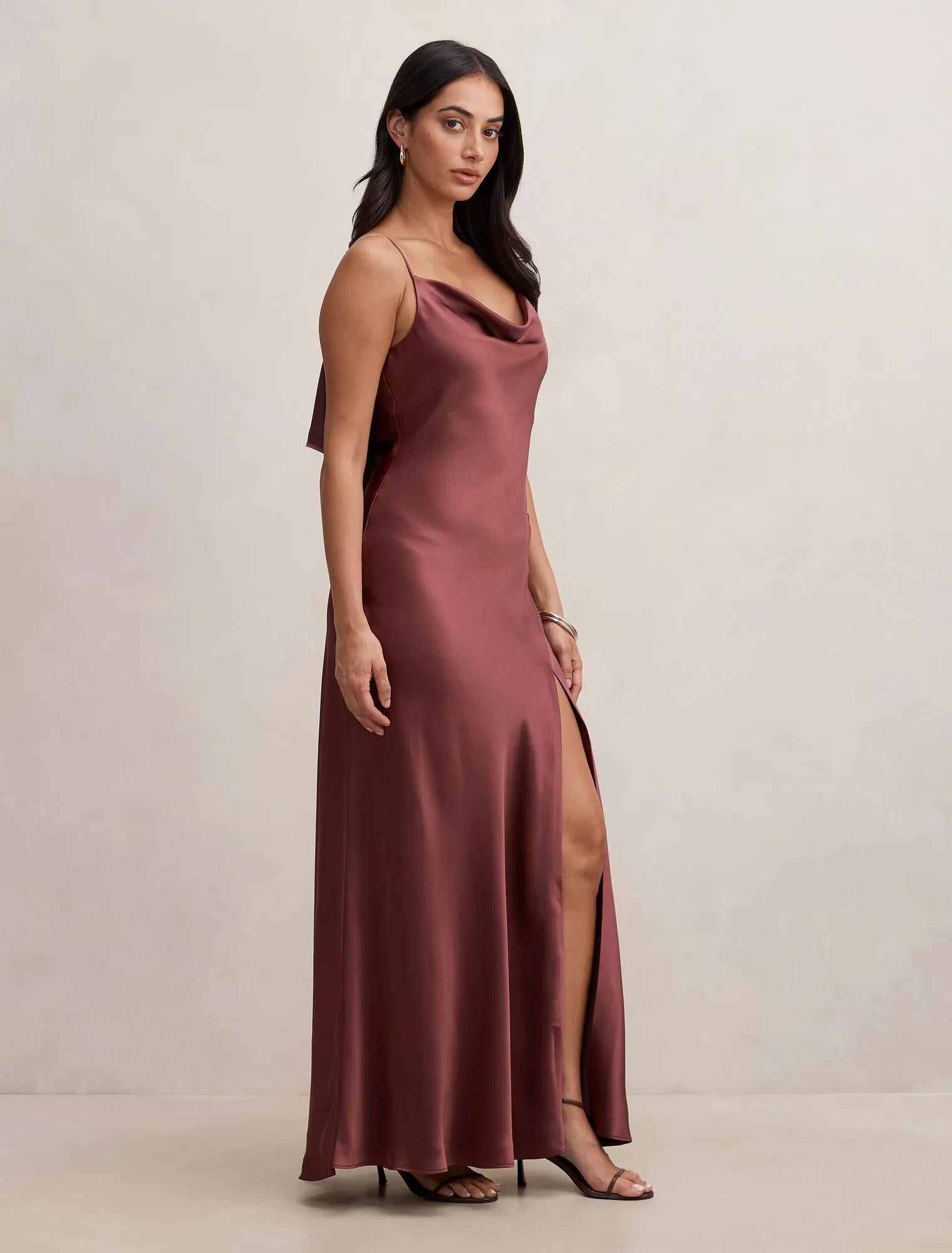 Allora Ruffle Back Satin Maxi Wild Plum