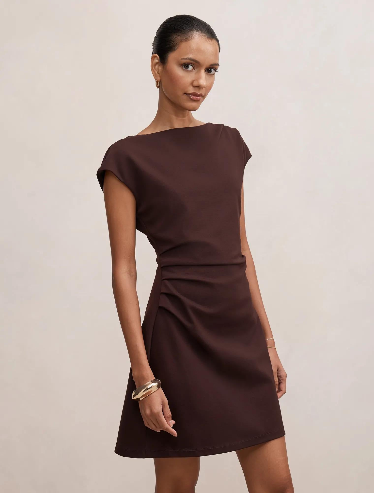 Carly Petite Sleeveless Tuck Mini Dress Chocolate