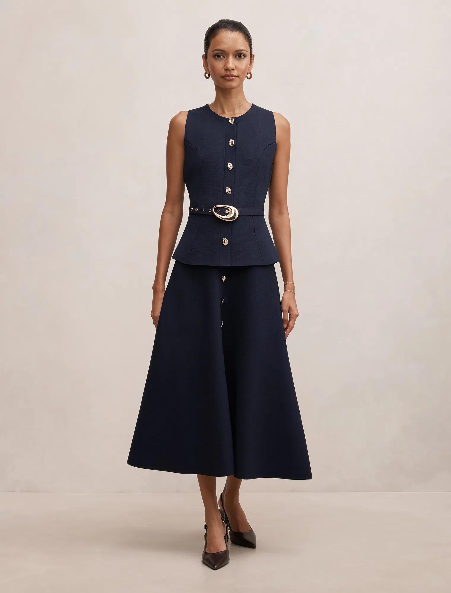 Amelia Petite Layered A-Line Midi Dress Navy