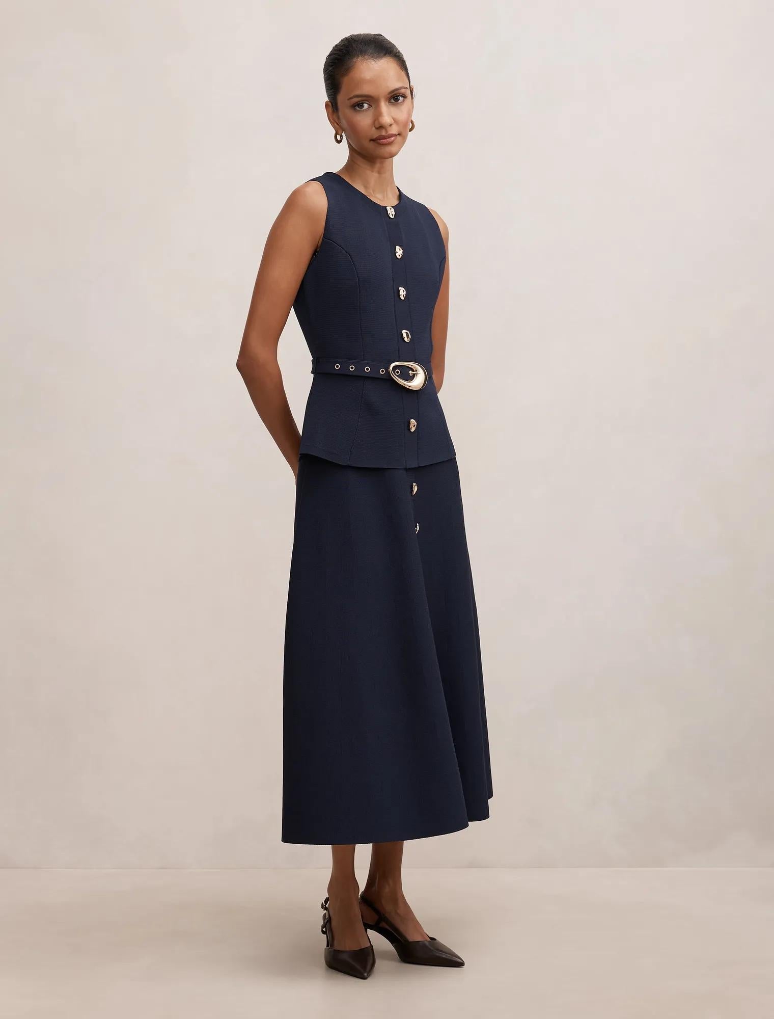 Amelia Petite Layered A-Line Midi Dress Navy