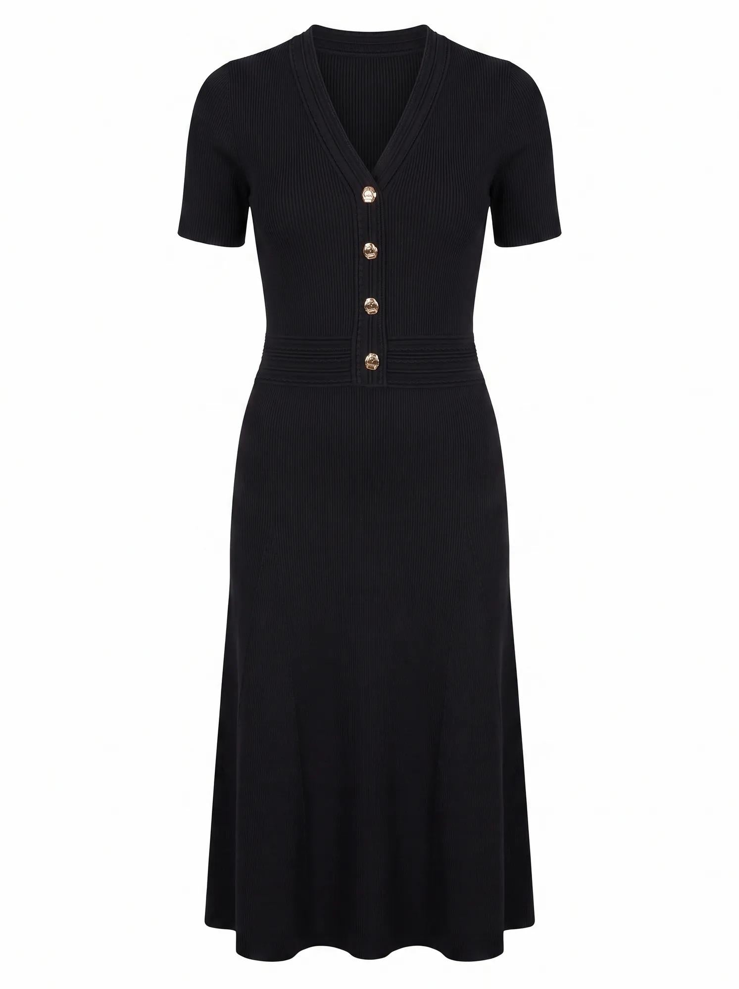 Niki V-Neck Stitch Knit Dress Black