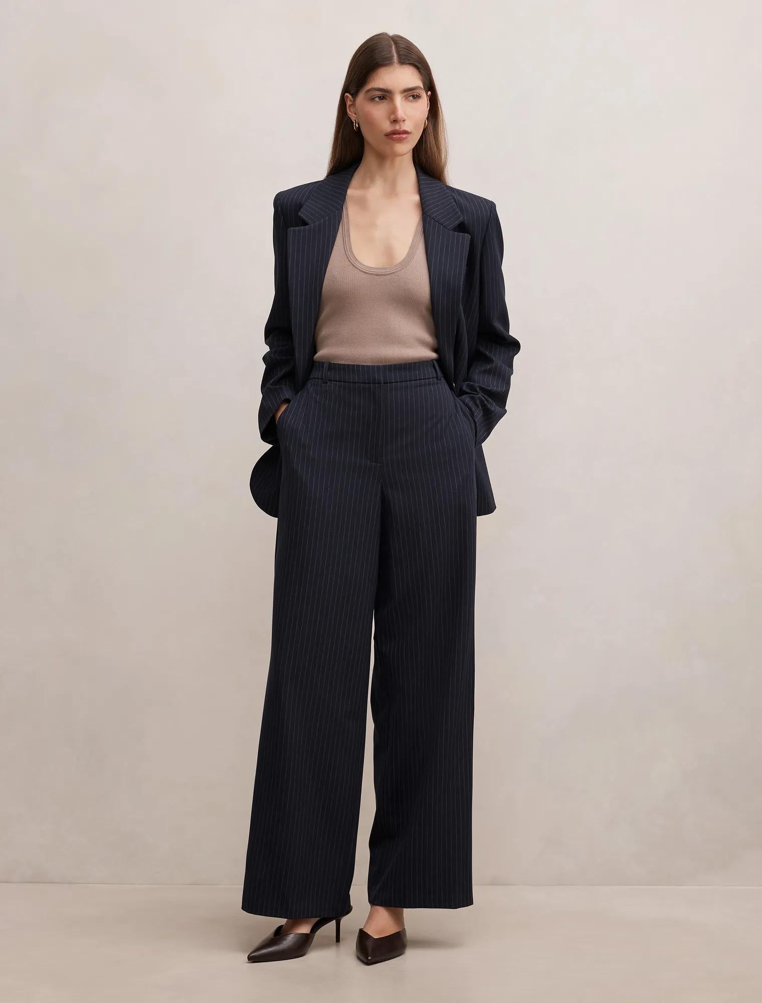 Paloma Tall Pinstripe Wide Leg Pants Navy Pinstripe Suit