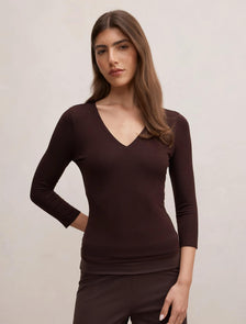 Tia V Neck 3/4 Sleeve Top Chocolate