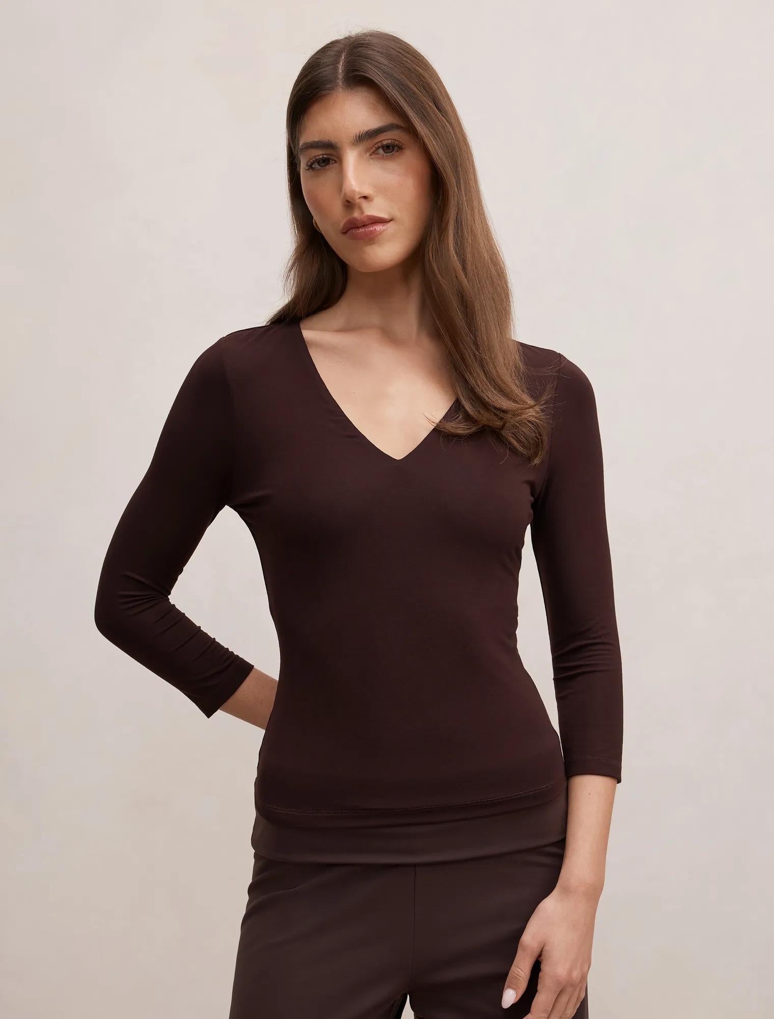 Tia V Neck 3/4 Sleeve Top Chocolate