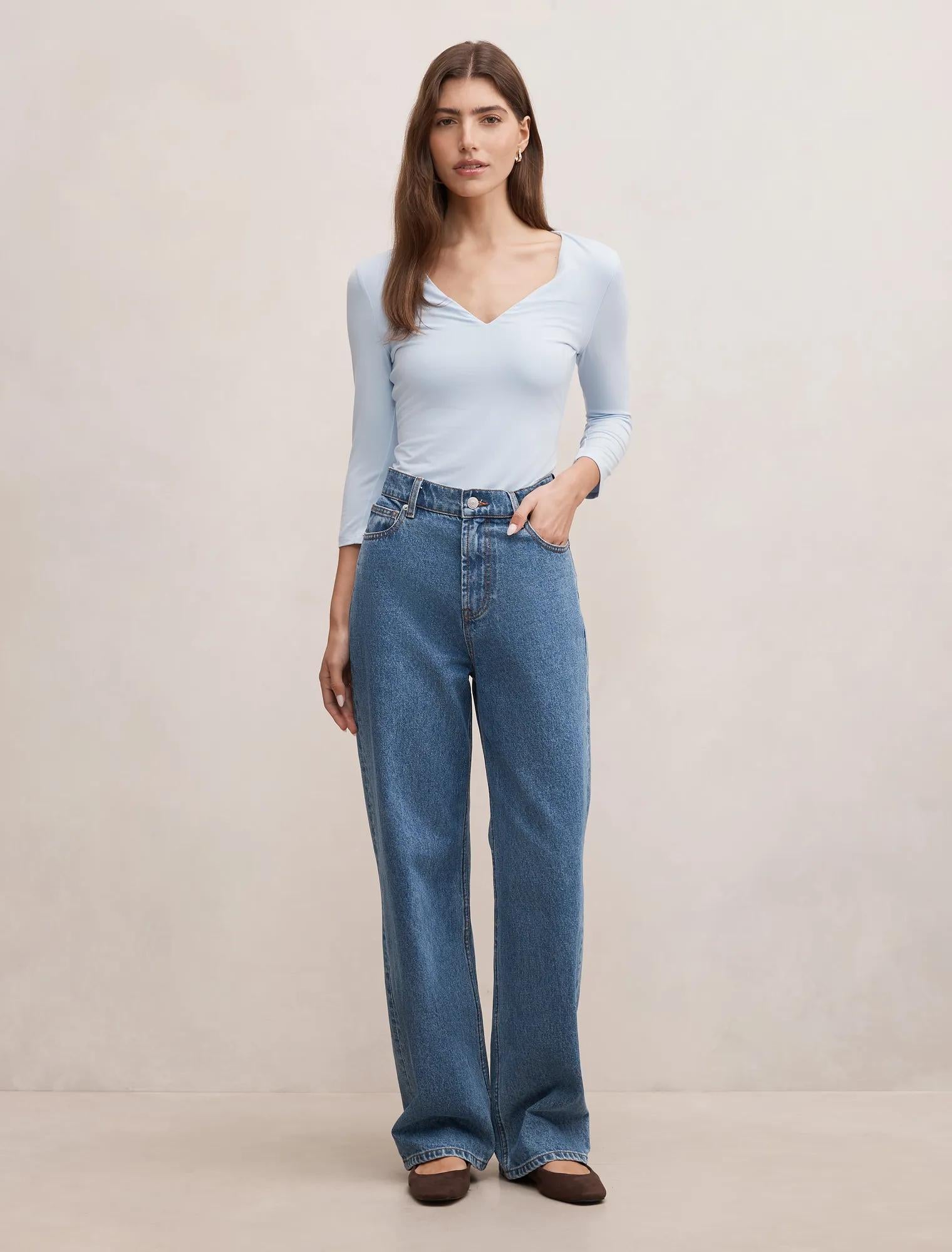 Tia V Neck 3/4 Sleeve Top Cloud Blue